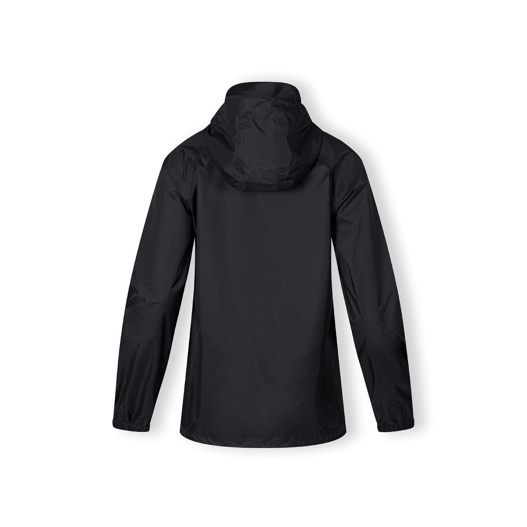 Close-up interior view of black waterproof jacket showing internal pockets and construction details