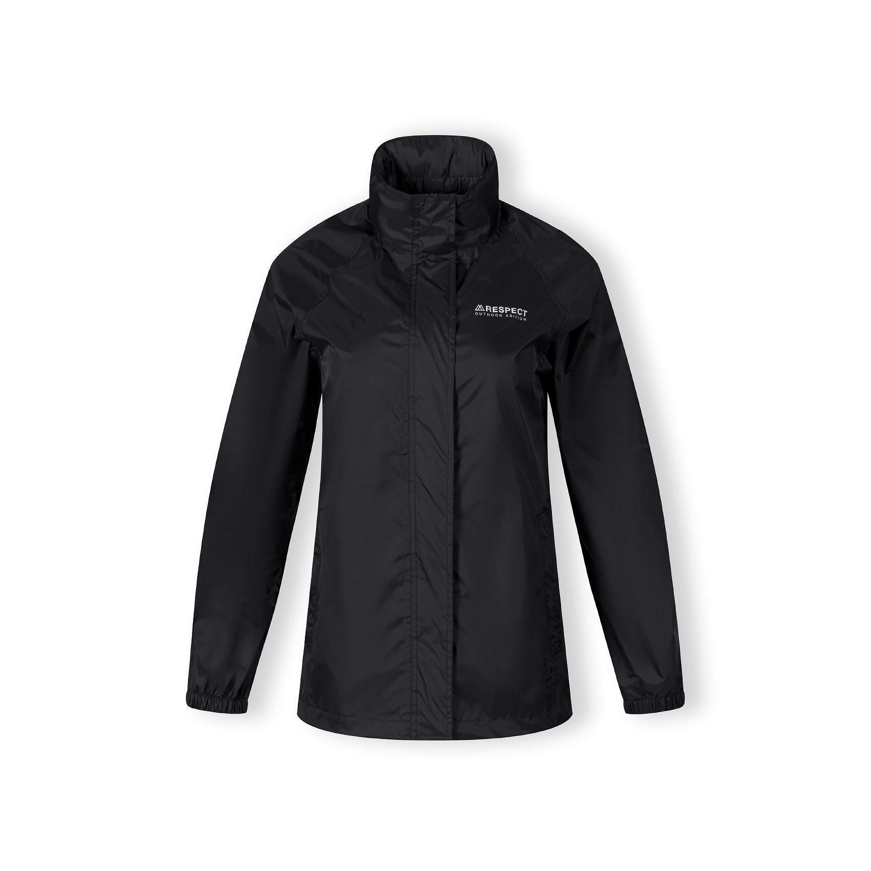 Close-up interior view of black waterproof jacket showing internal pockets and construction details
