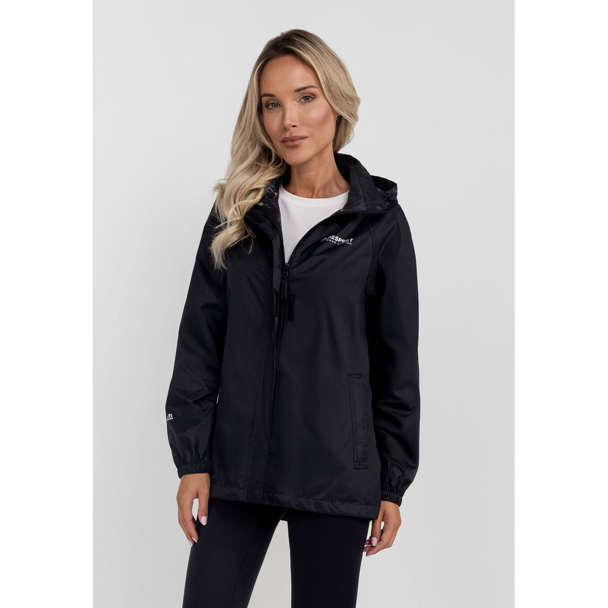 Women's packaway hooded jacket in black — complete product view for square Shop card