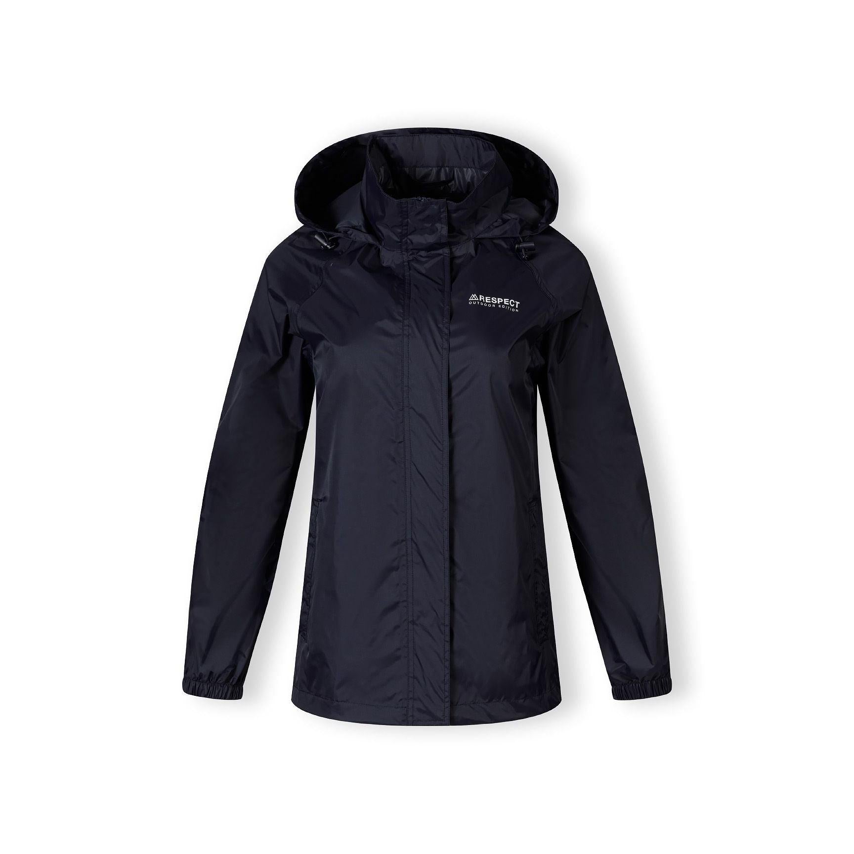 Close-up detail of navy jacket interior showing internal zip pocket and waterproof lining construction