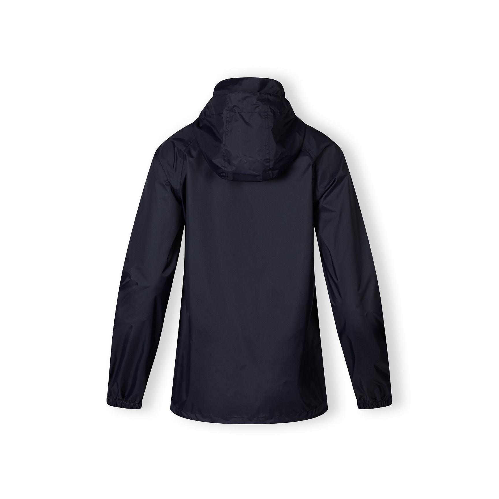 Close-up detail of navy jacket interior showing internal zip pocket and waterproof lining construction