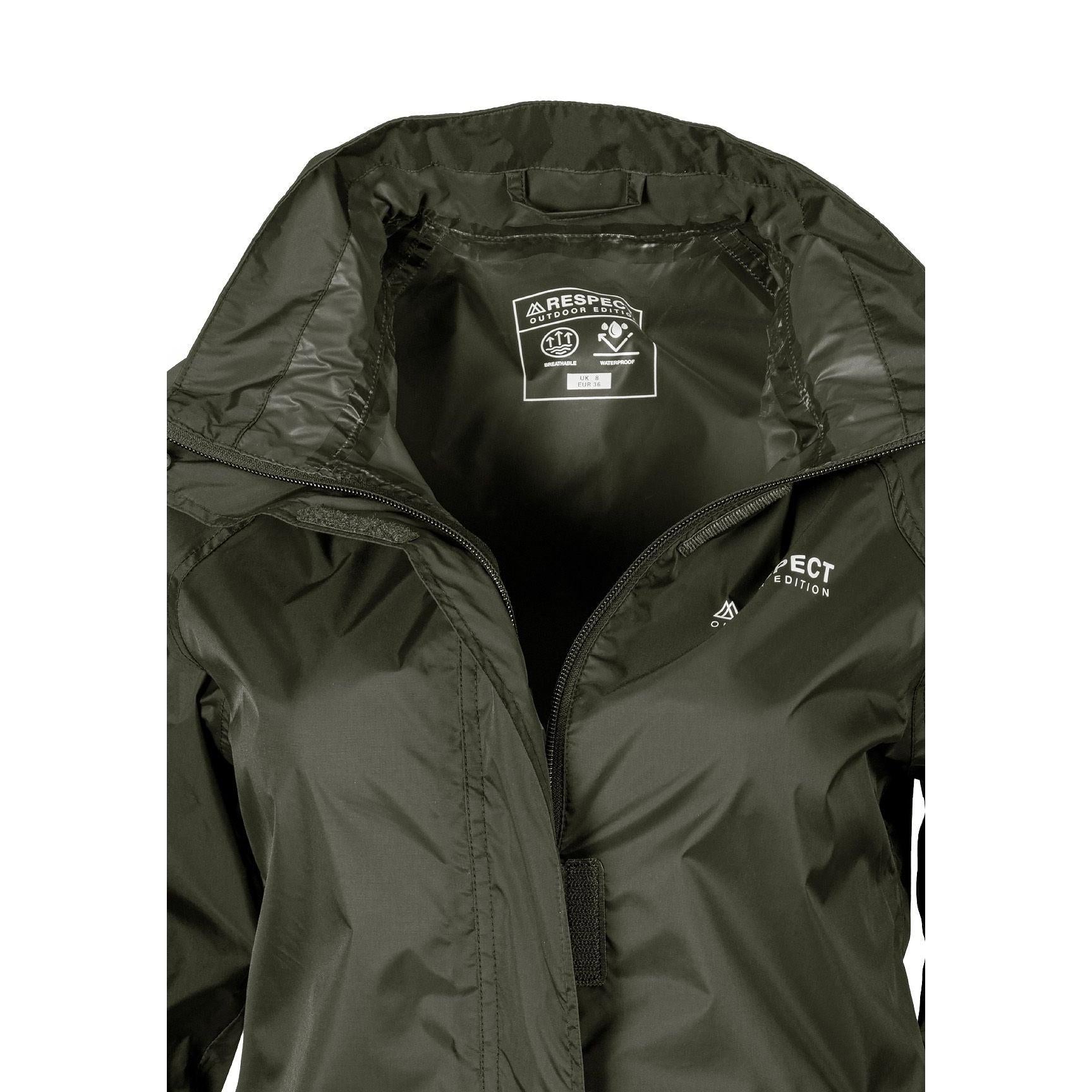 Close-up interior view of khaki jacket showing waterproof lining and internal construction details with seamed edges
