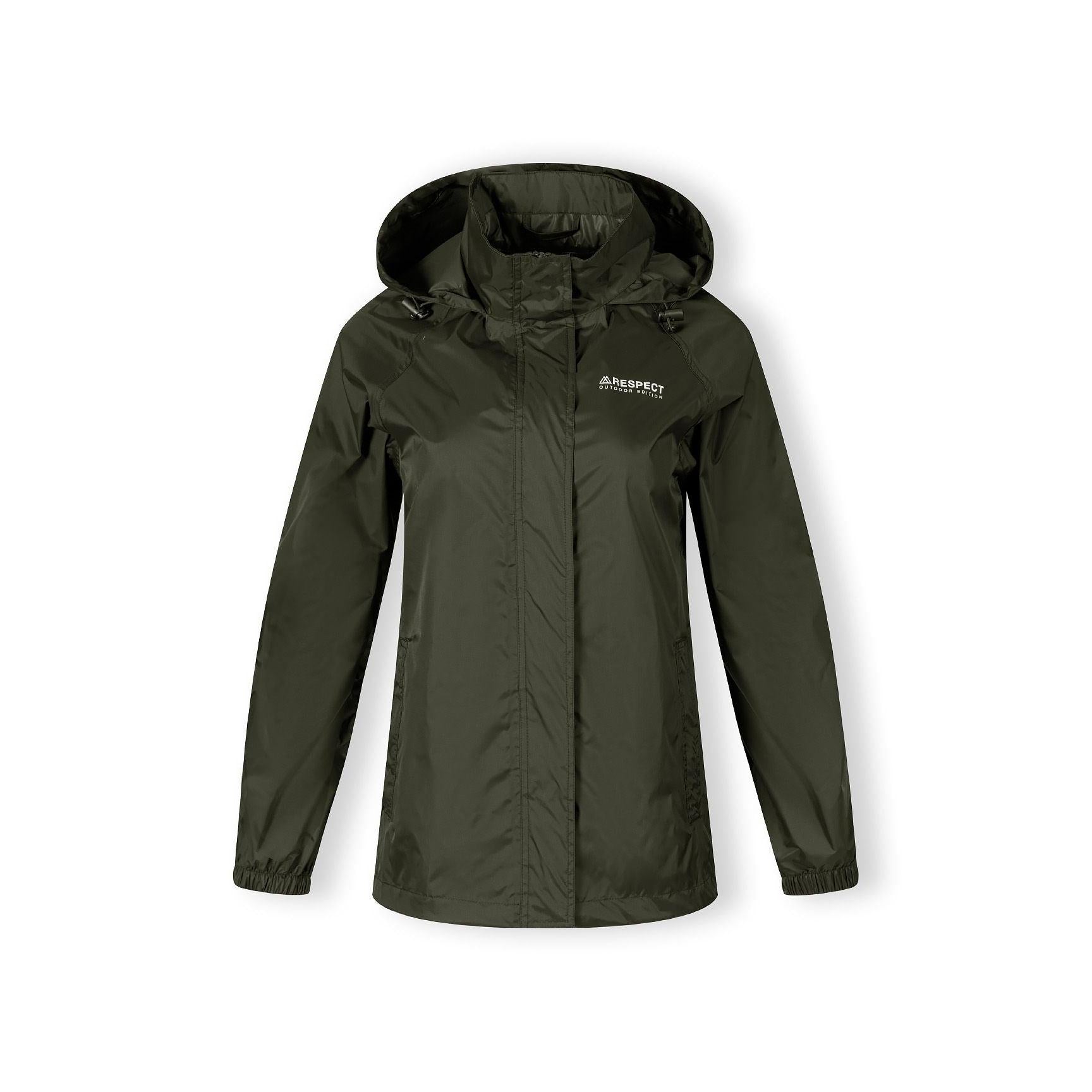 Khaki waterproof jacket laid flat with attached compact storage pouch beside it, showing packaway feature on white background