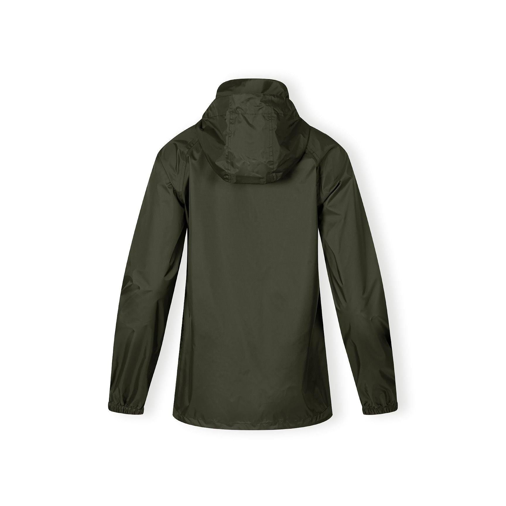 Close-up interior view of khaki jacket showing waterproof lining and internal construction details with seamed edges