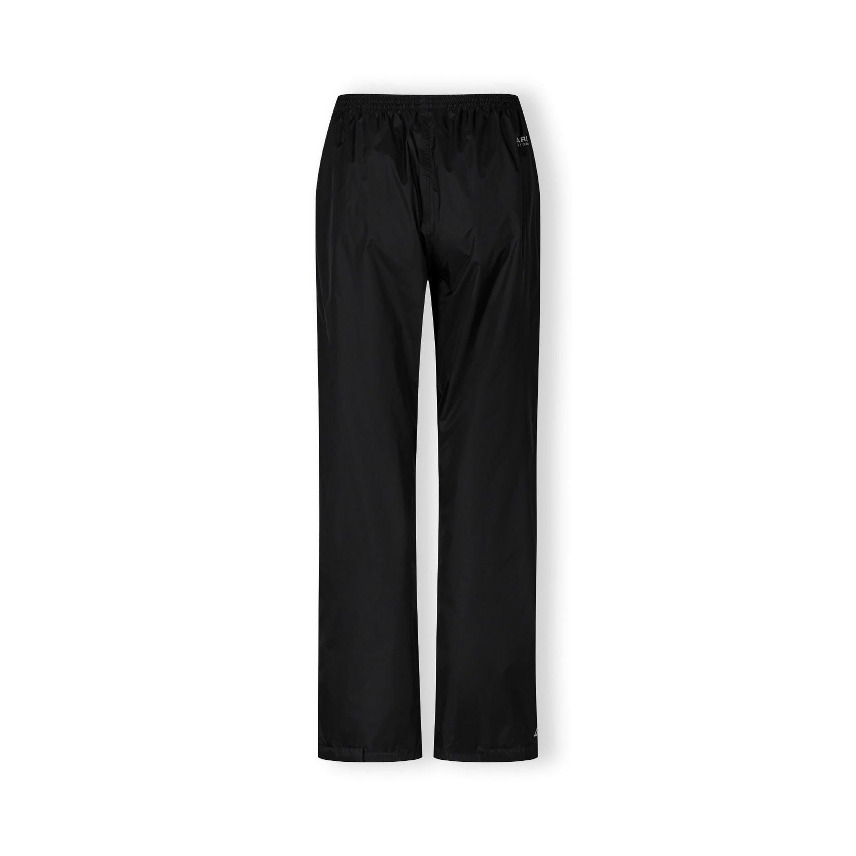 Close-up detail of black waterproof pants showing elastic waistband and taped seams