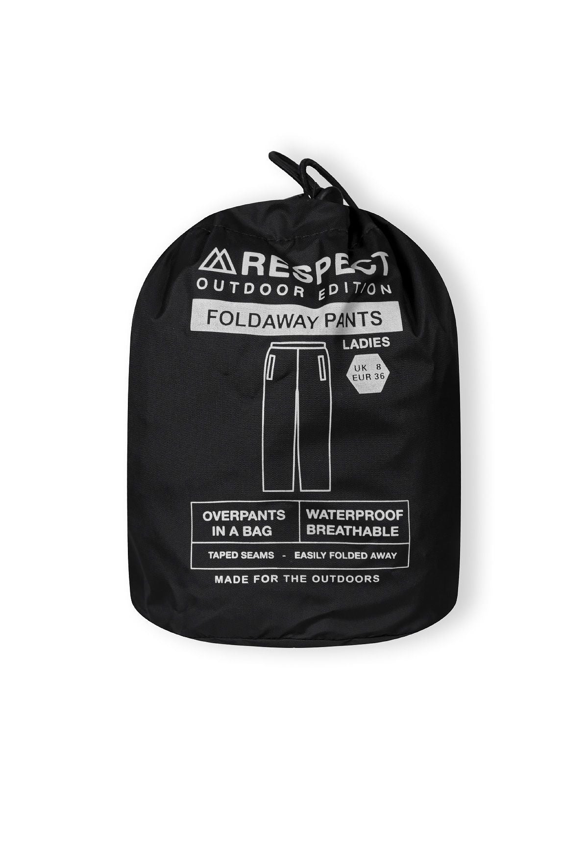 Black packaway overtrousers, storage bag with supplier claims.