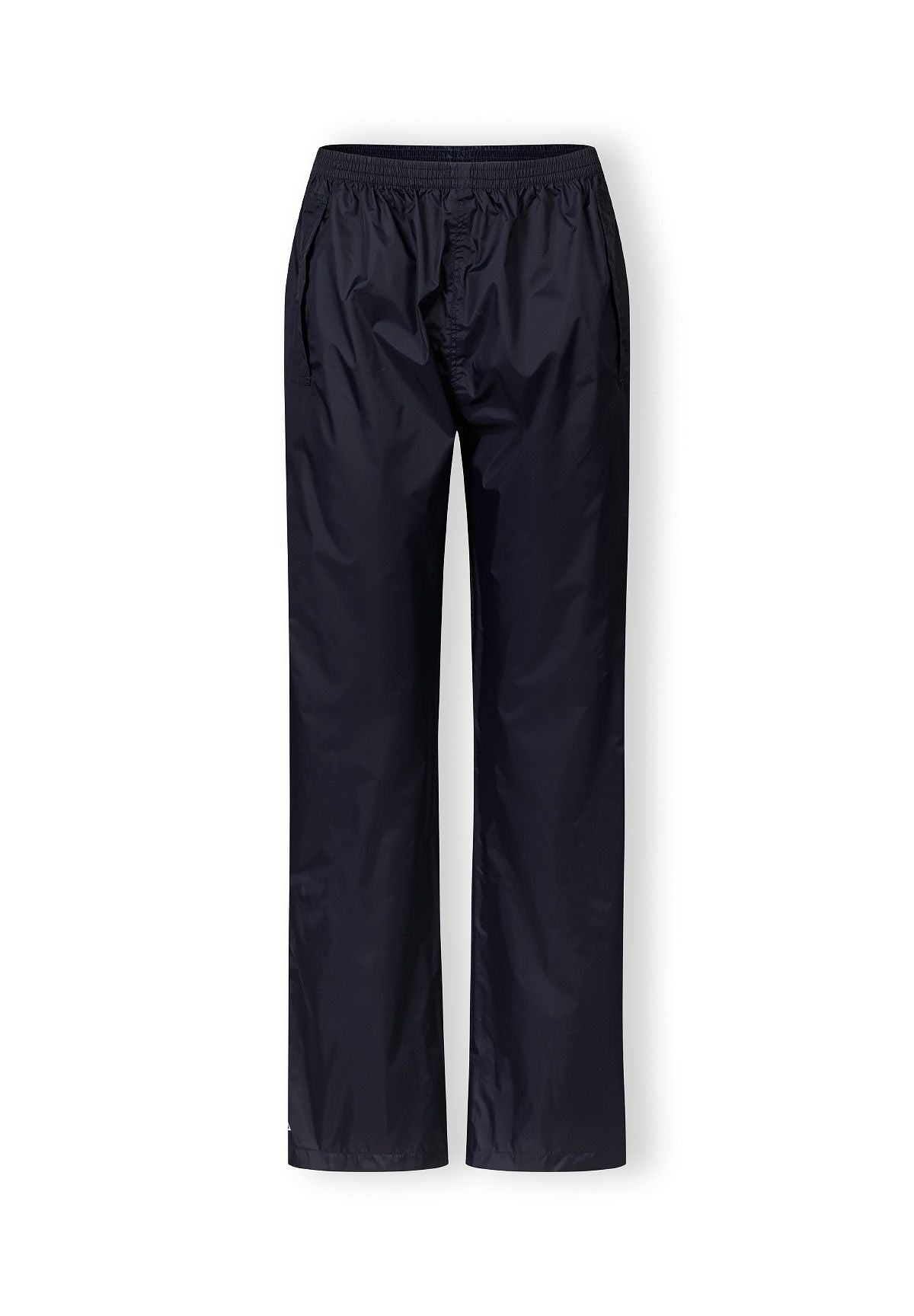 Women’s navy waterproof overpants, front view, featuring elastic waistband and side openings.