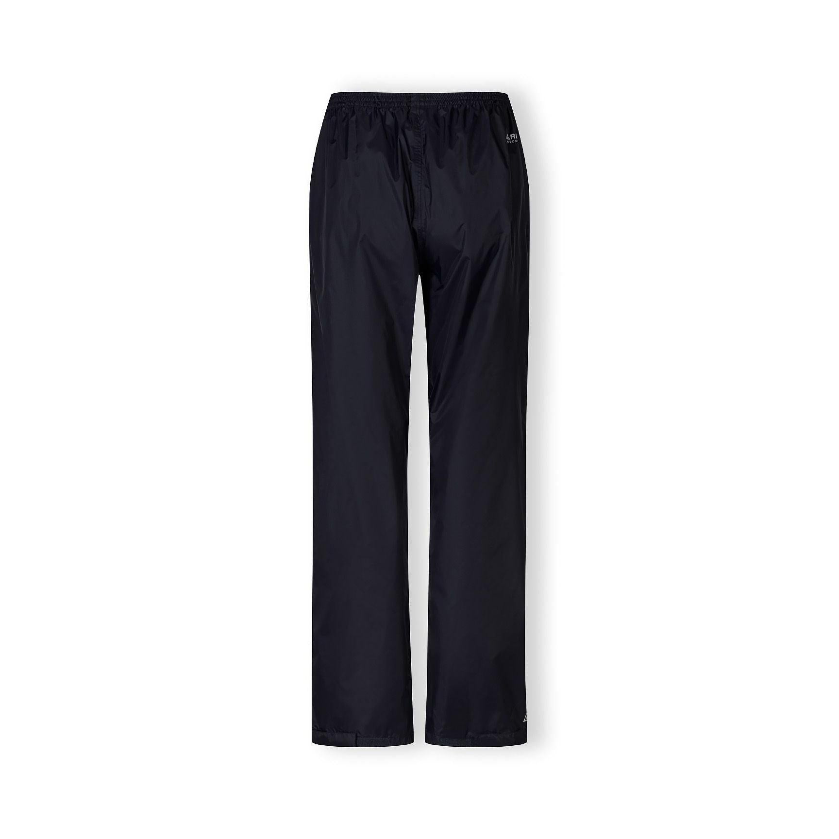 Close-up detail of navy waterproof overpants showing elastic waistband and waterproof fabric texture