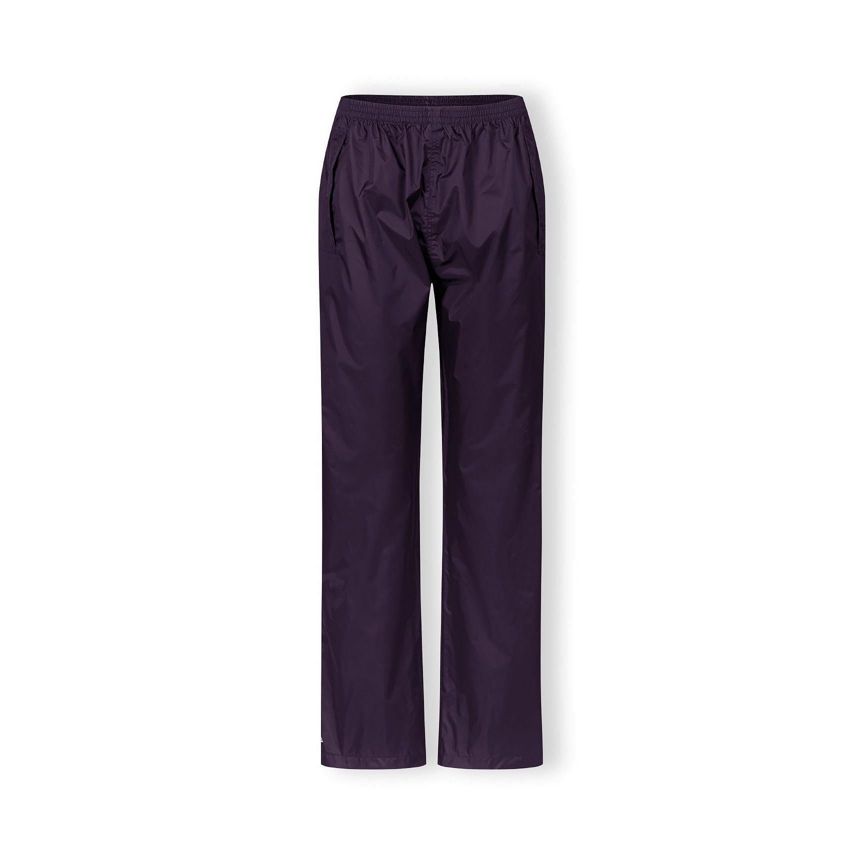 Close-up detail of purple waterproof overpants showing elasticated waistband with gathered fabric and seam construction