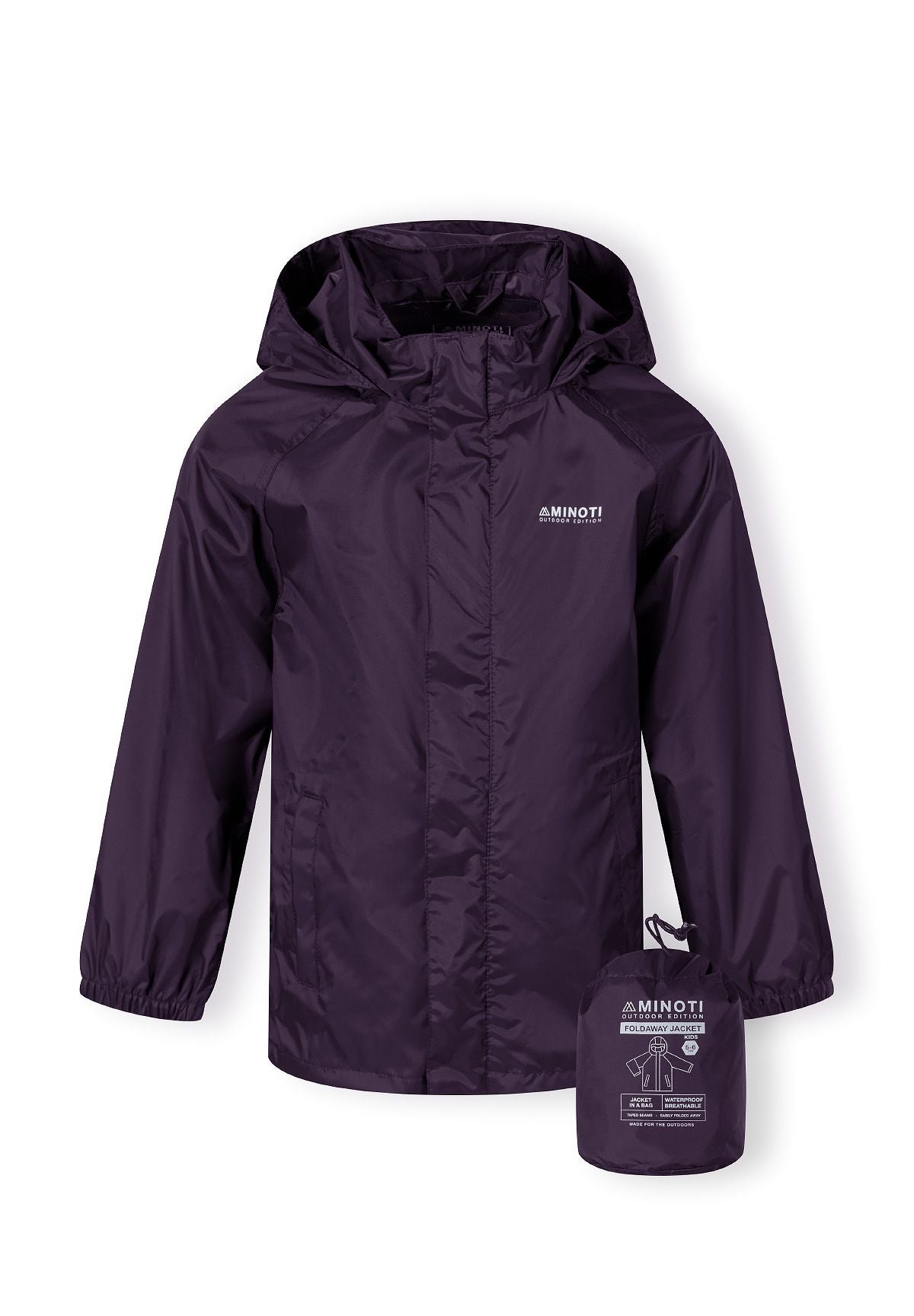 Front of the purple packaway hooded jacket, with its matching storage pouch.