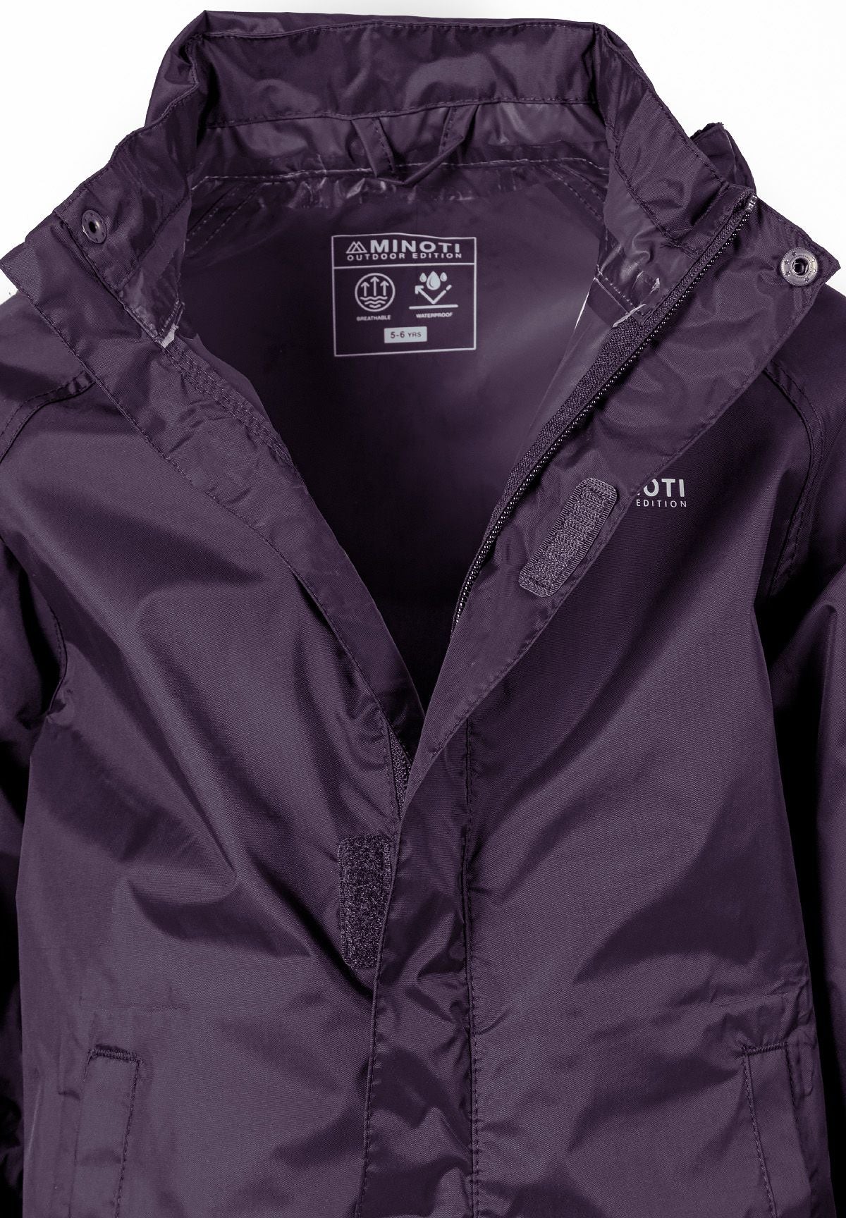 Close-up of the fastening on the purple packaway hooded jacket.