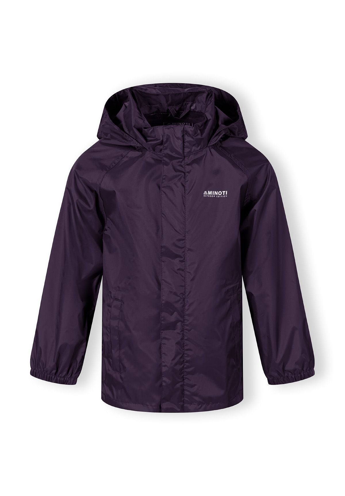 Front of the purple packaway hooded jacket, with the hood raised.