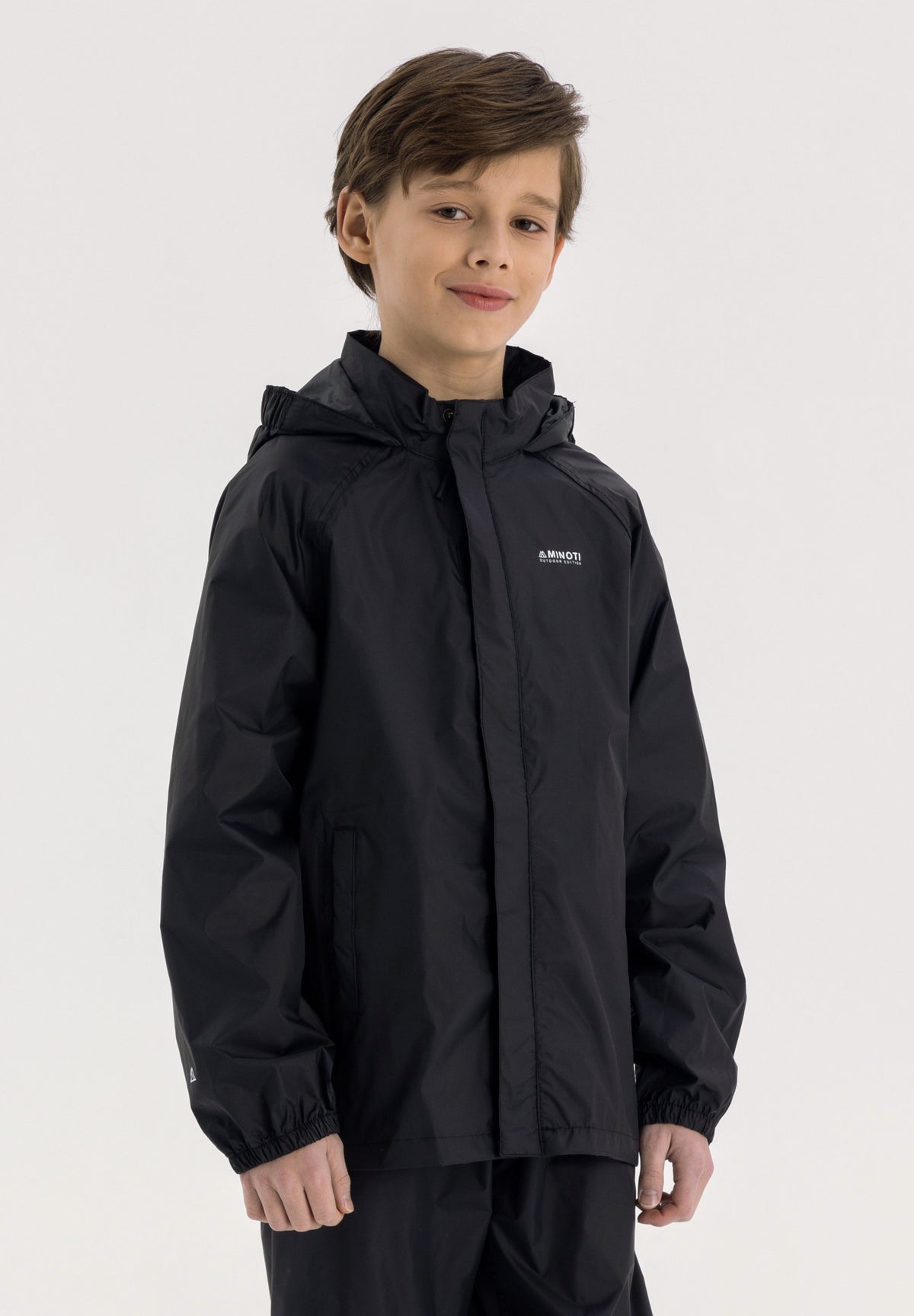Girls' black packaway hooded jacket, shown worn.