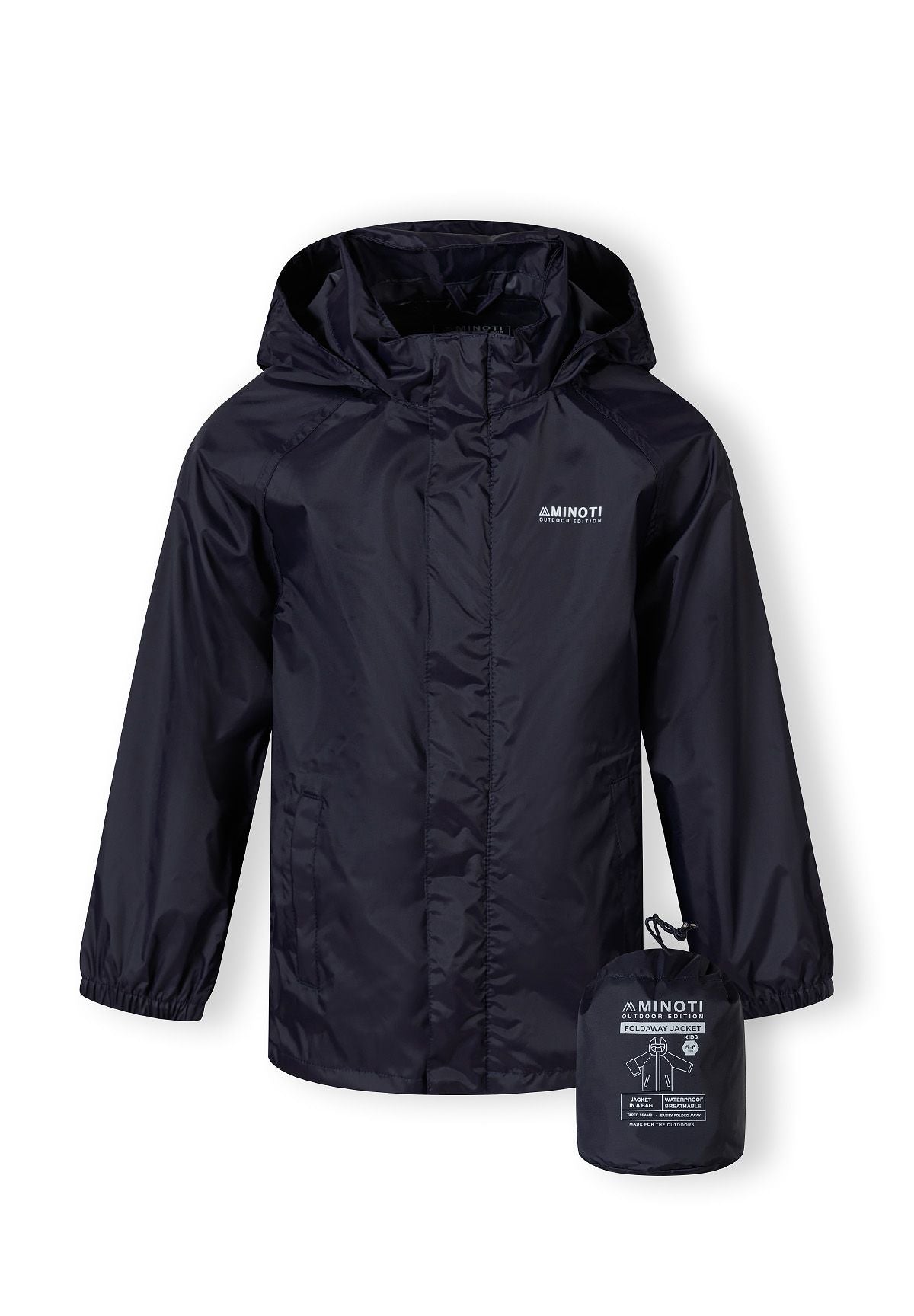 Front of the navy packaway hooded jacket, with its matching storage pouch.