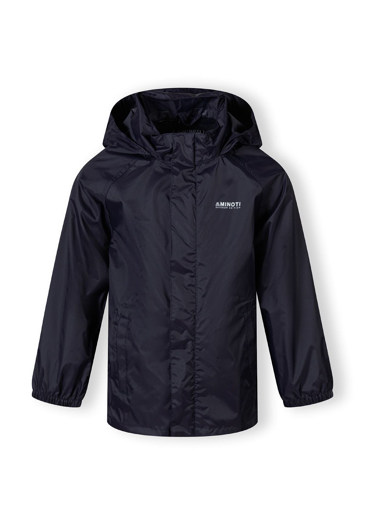 Boys waterproof jacket in navy, front view with hood and full zip.