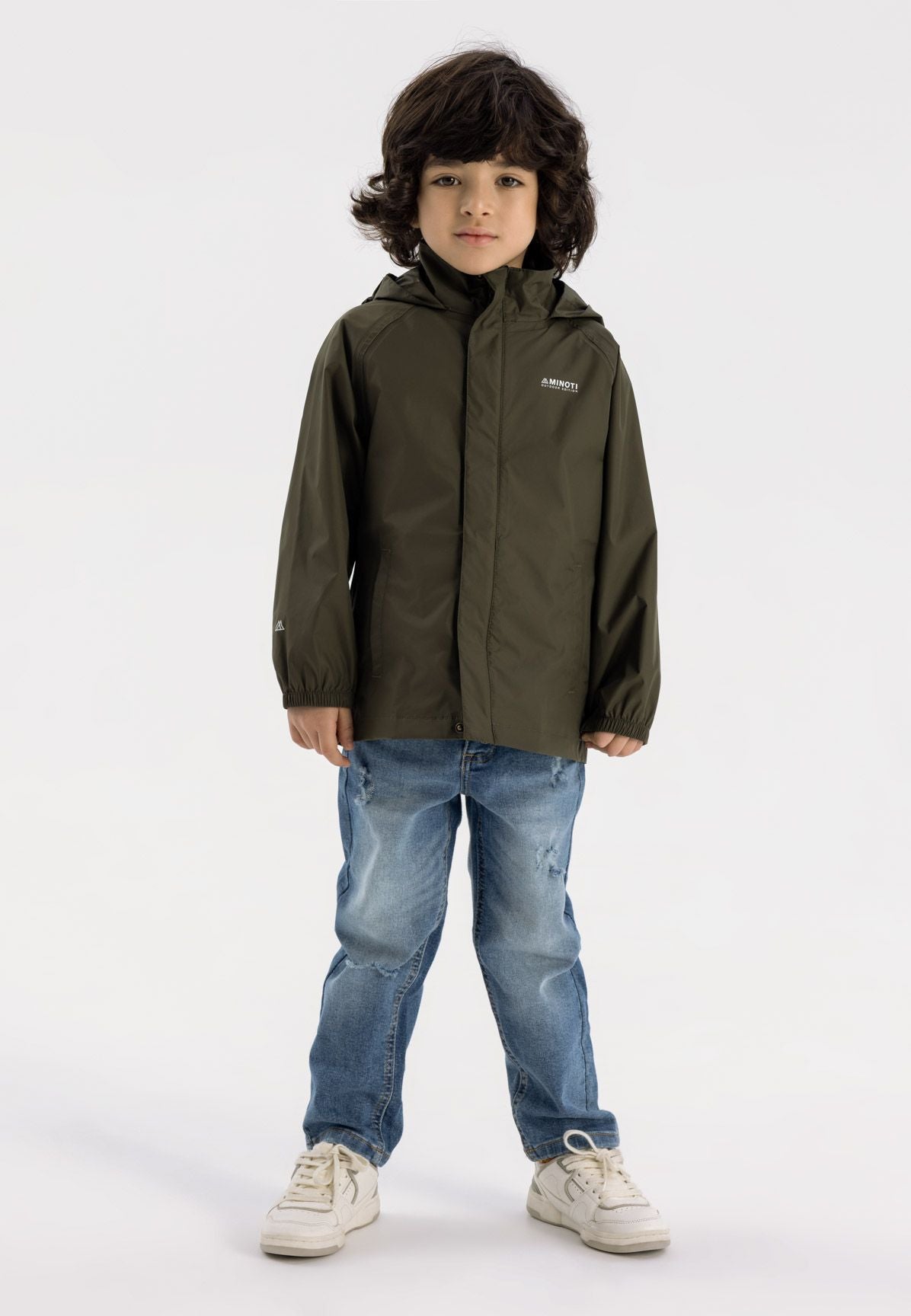 Girls' khaki packaway hooded jacket, shown worn.