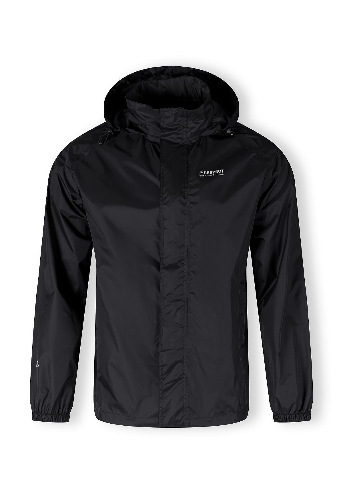Men's black packaway waterproof jacket, front view with zip fastening and hood.