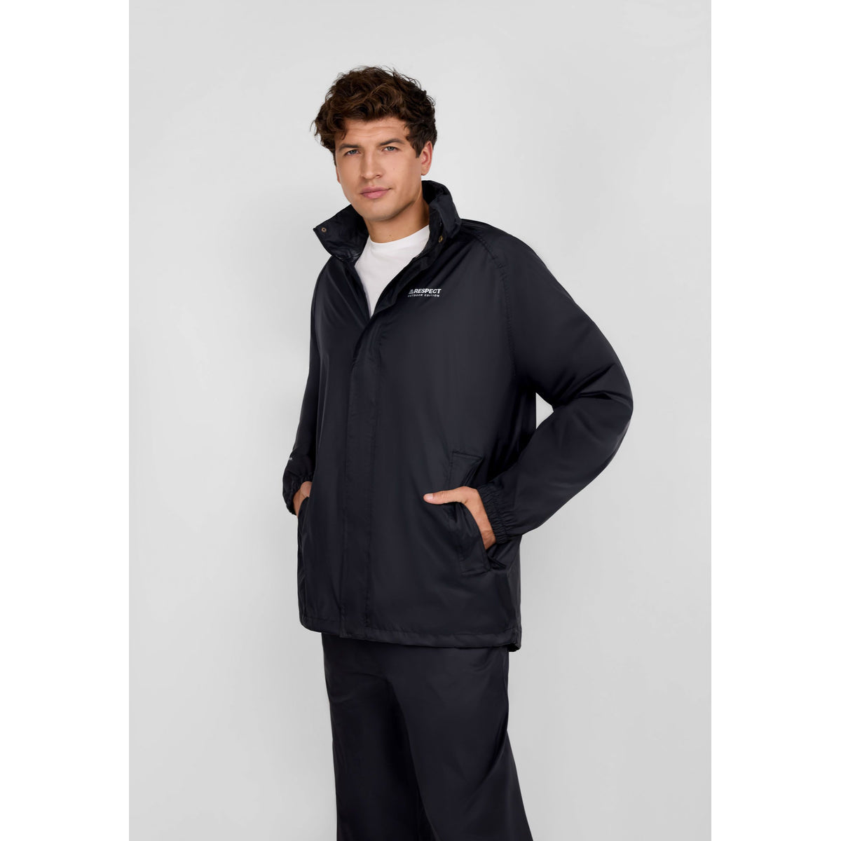 Men's packaway hooded jacket in black — complete product view for square Shop card