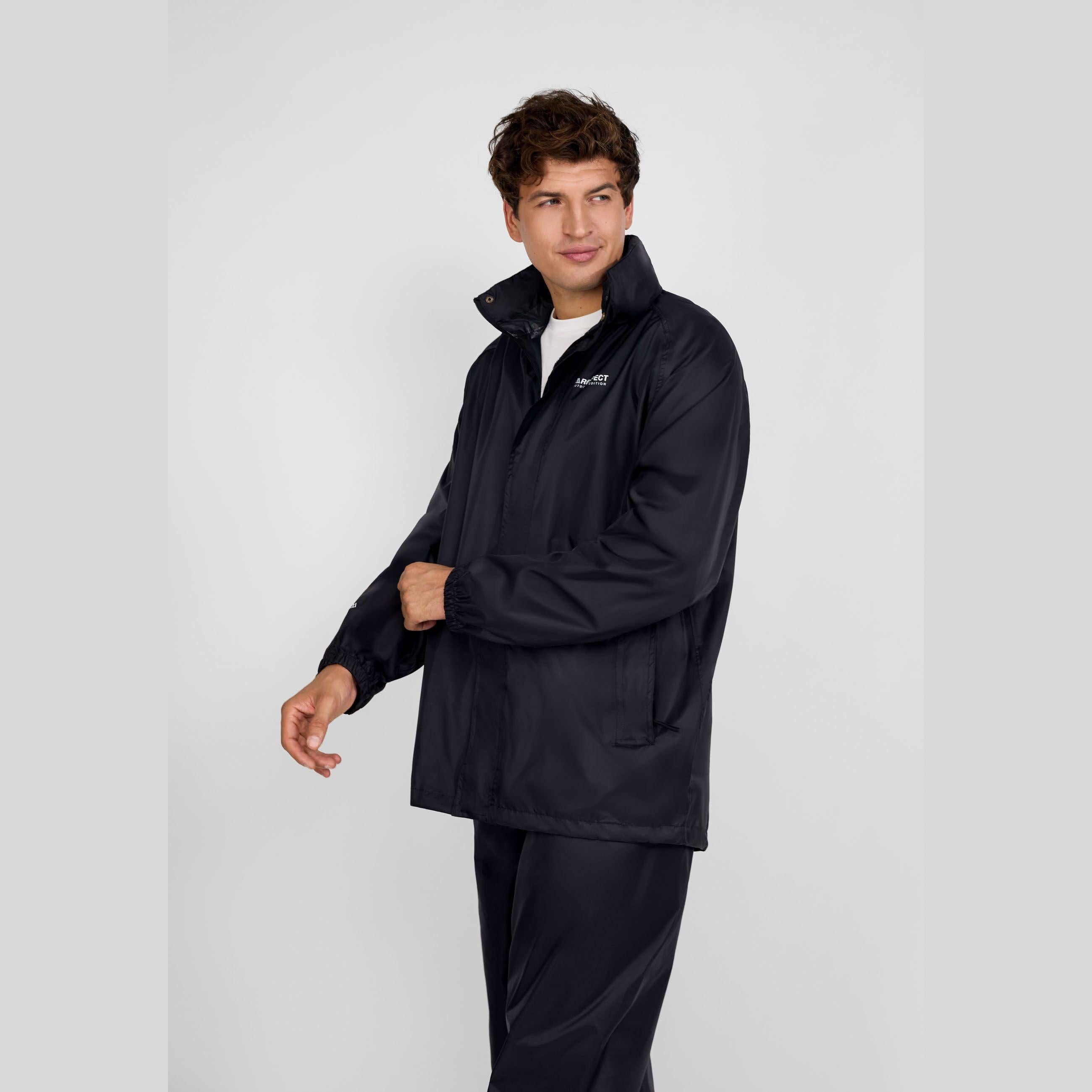 Close-up detail of black waterproof jacket interior showing taped seams and zip construction for weather protection