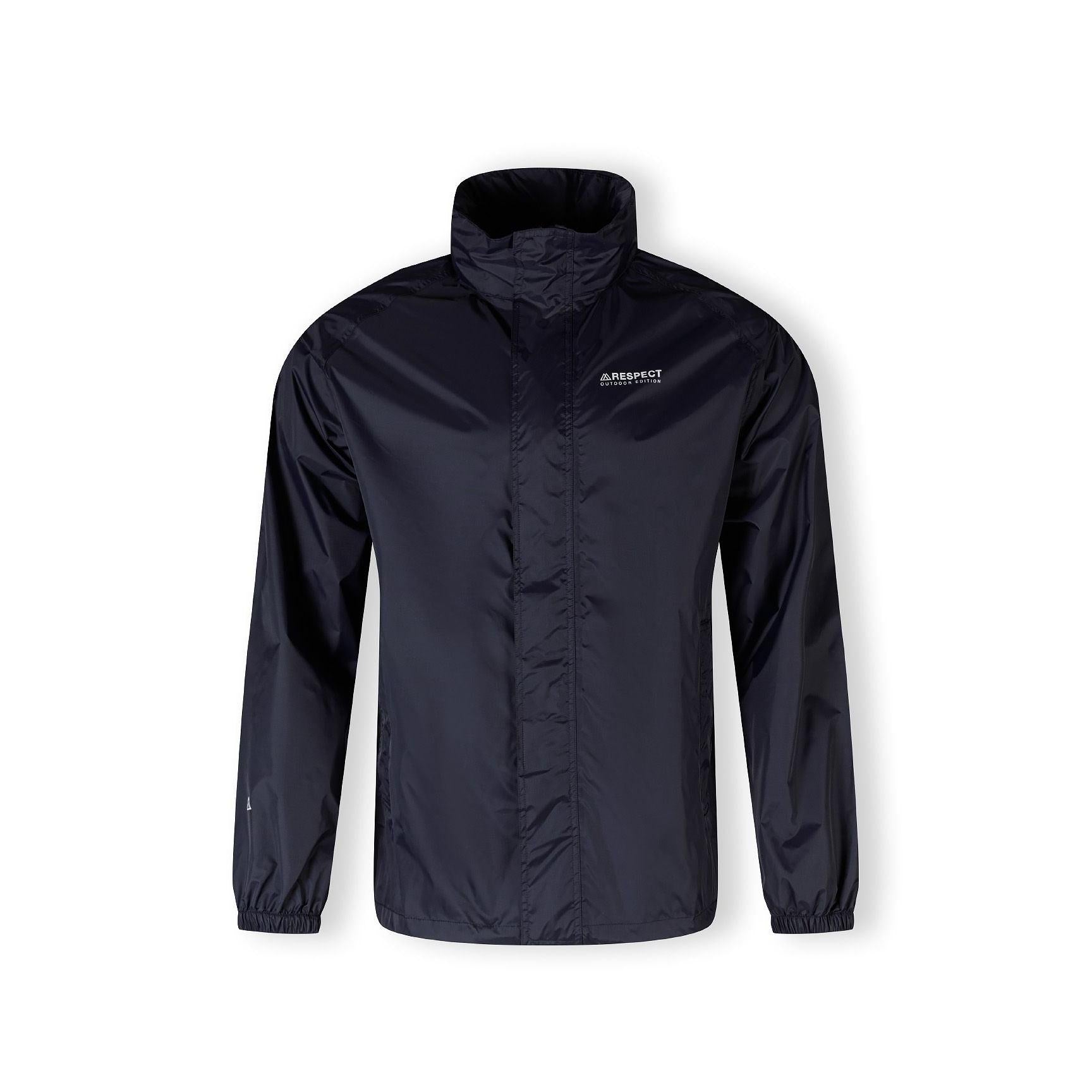 Close-up detail of navy jacket interior showing zip pocket construction and waterproof fabric lining