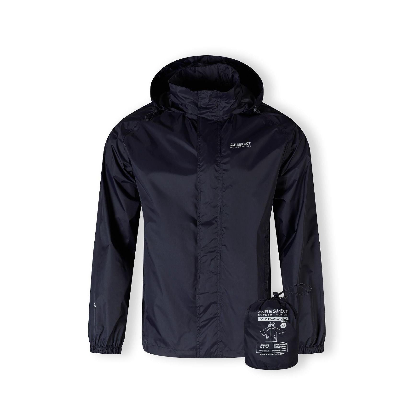 Men's navy packaway waterproof jacket with hood, zip pockets, and matching storage bag.