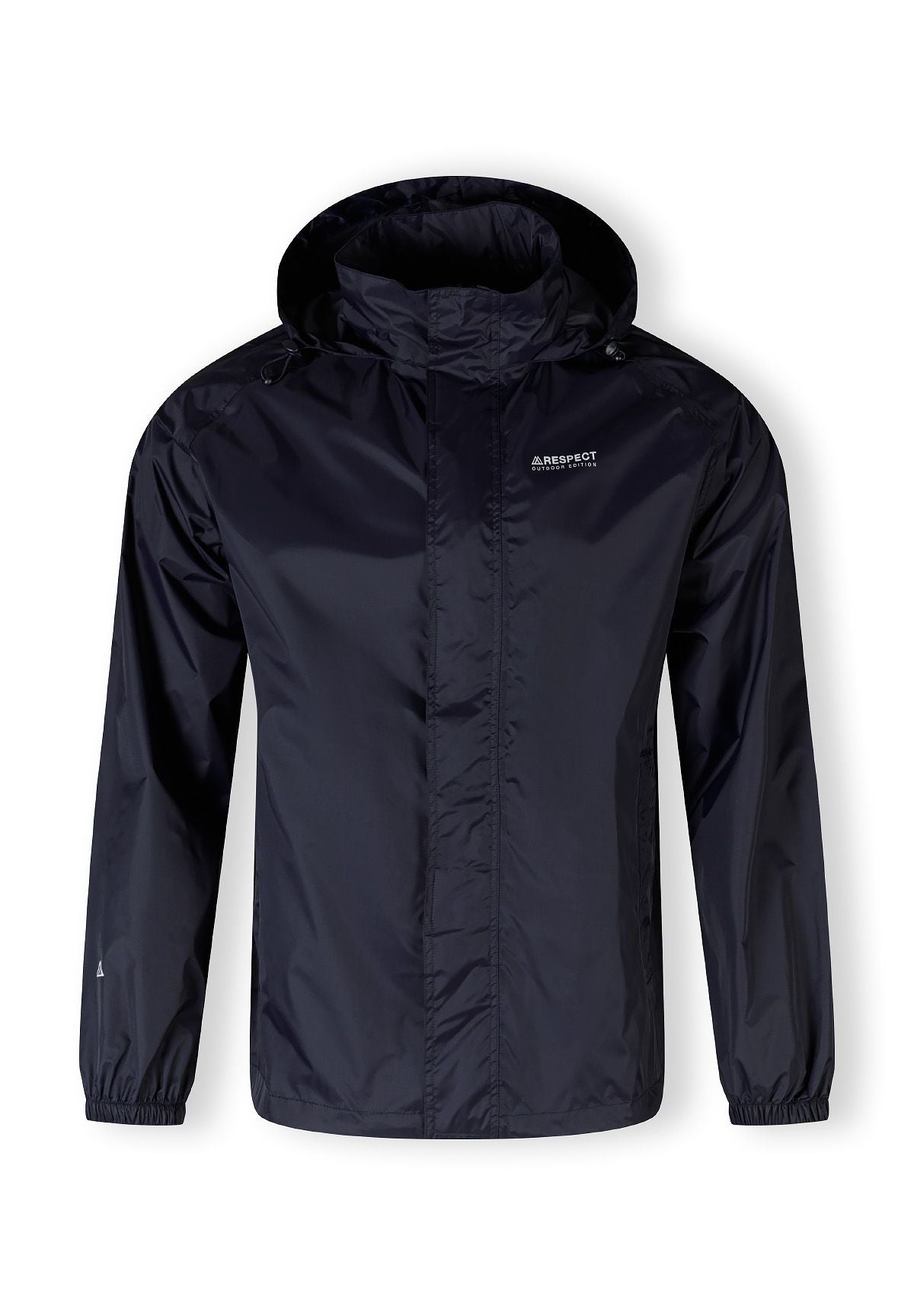 Men's packaway waterproof jacket in navy, front view with hood and zip pockets.