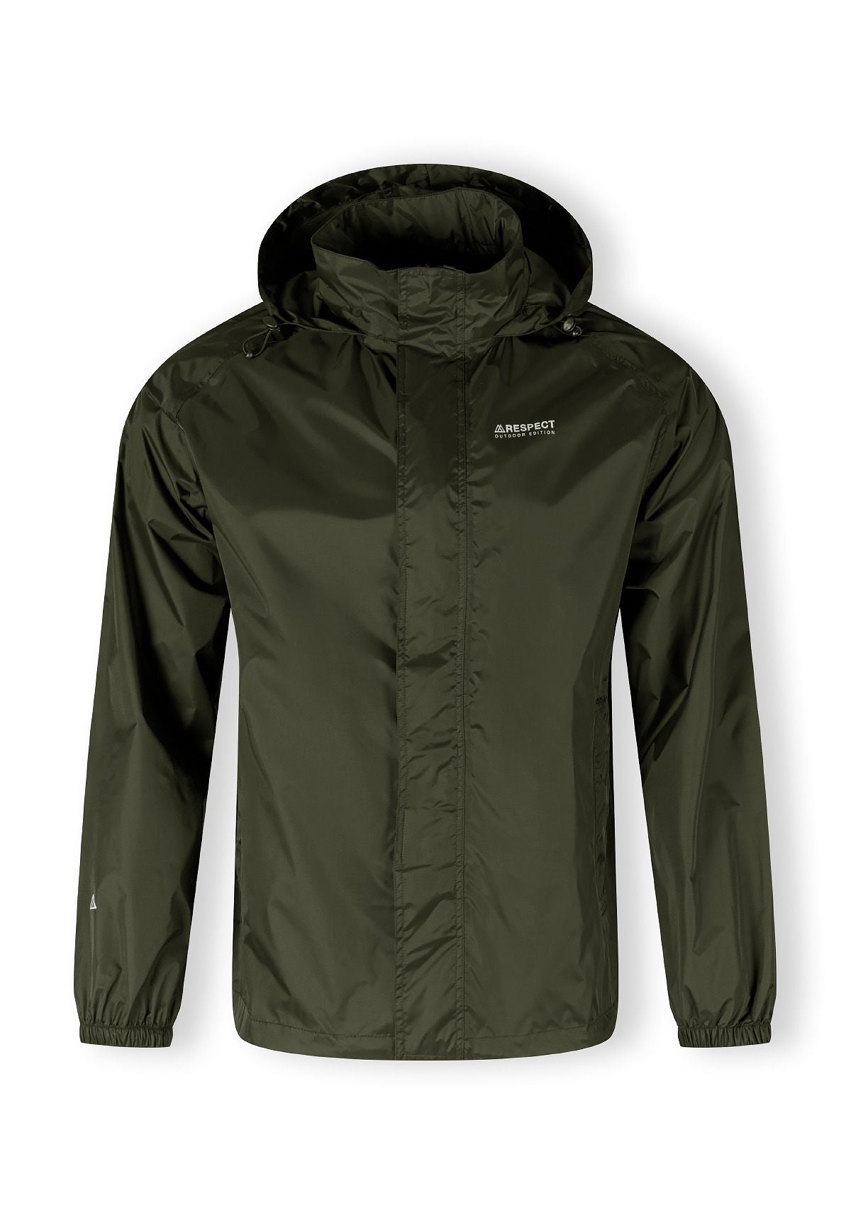 Men's khaki waterproof jacket with hood, front view, features zippered pockets and elasticated cuffs.