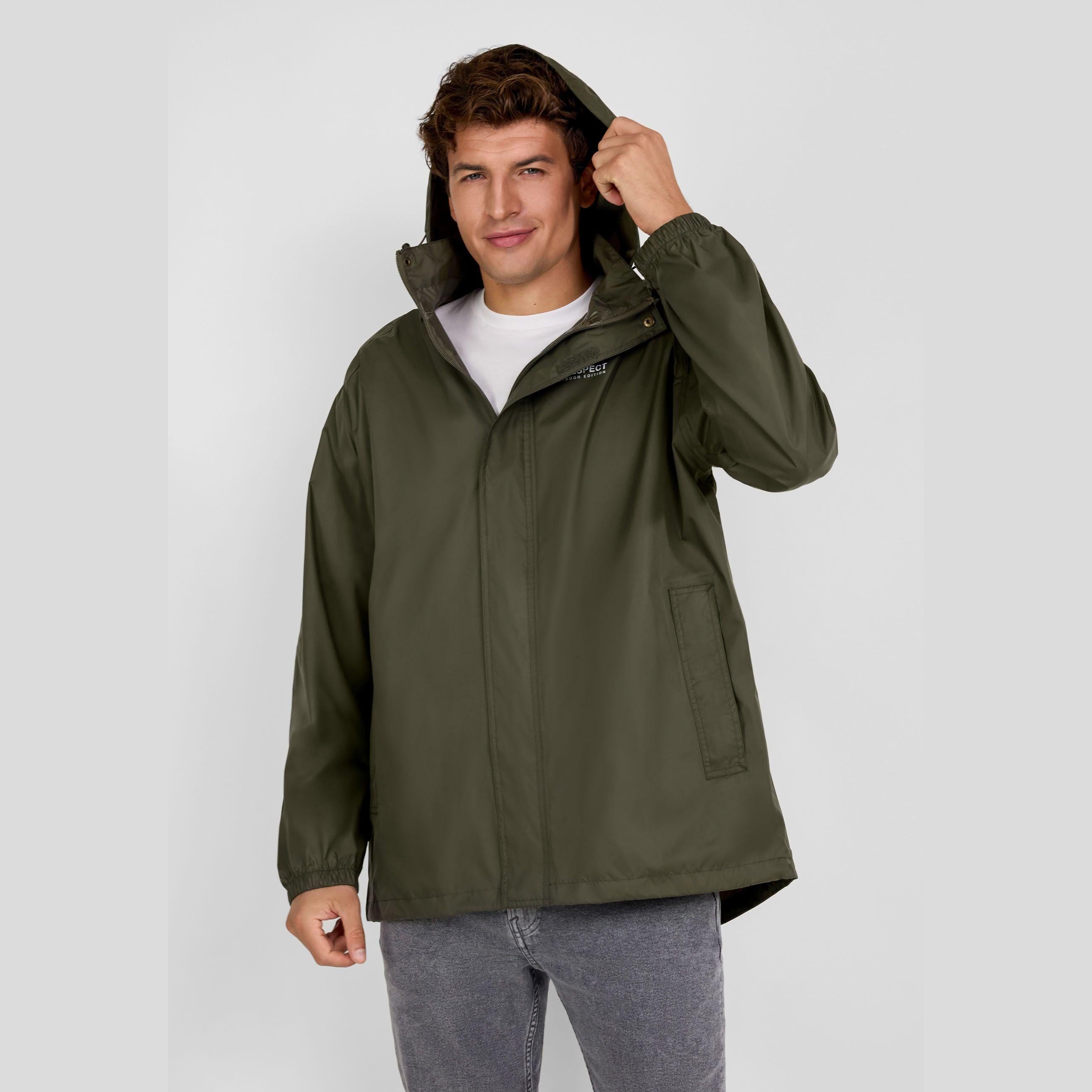 Men's khaki packaway waterproof jacket with concealed hood, zippered pockets, and elasticated cuffs.