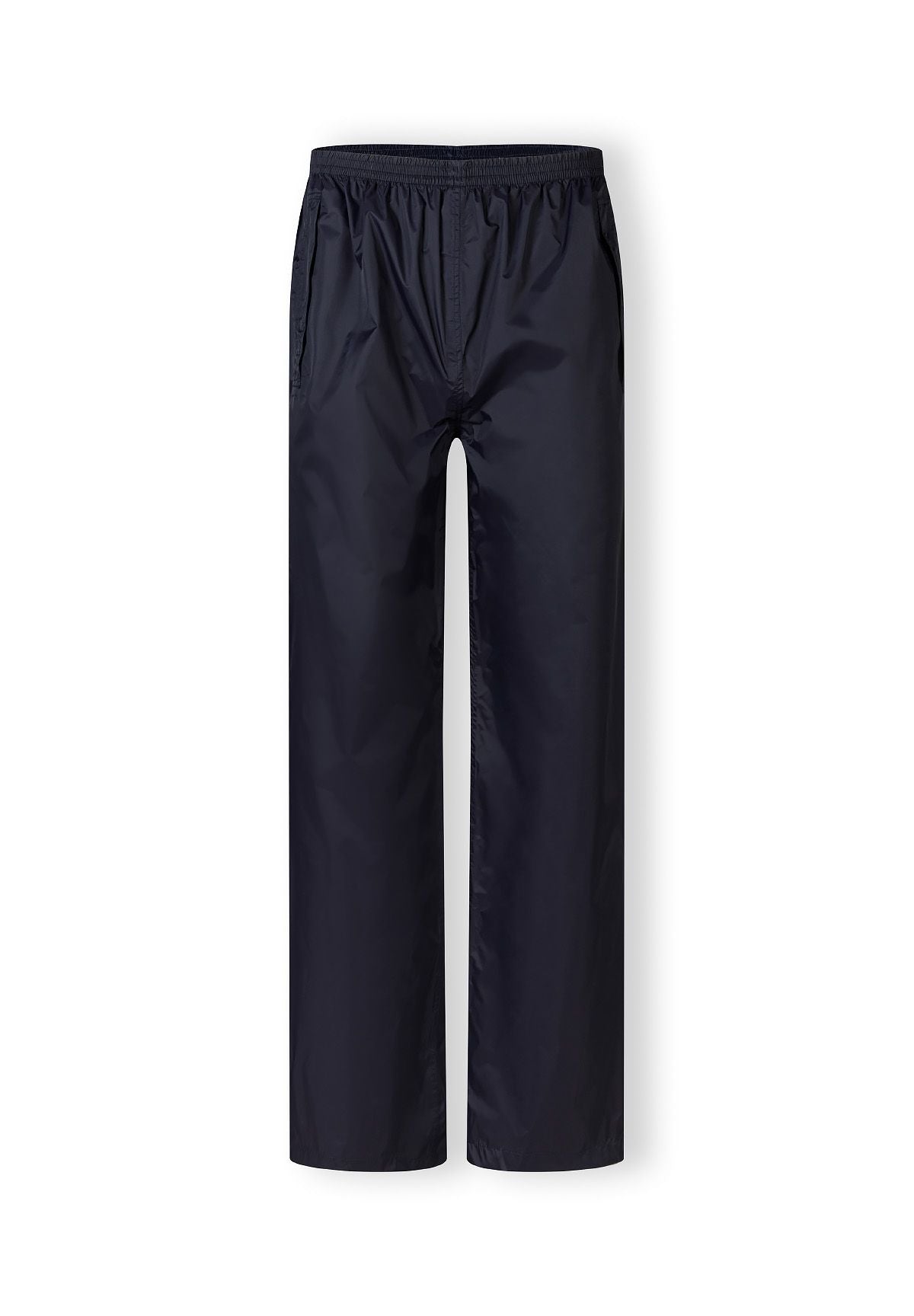 Men's navy waterproof overpants with elastic waistband, front view, featuring side openings and adjustable cuffs.