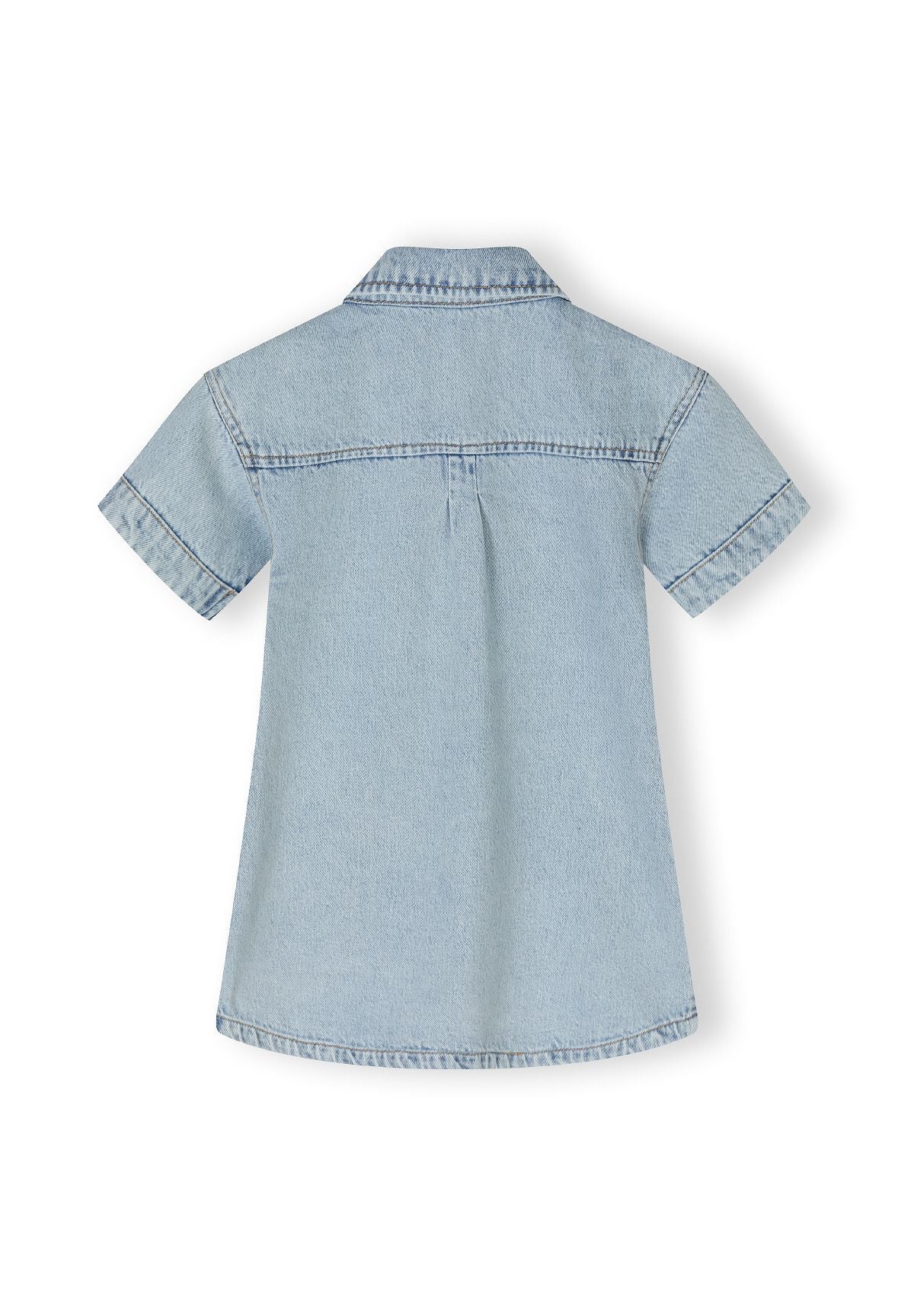 Light blue denim shirt dress, back.