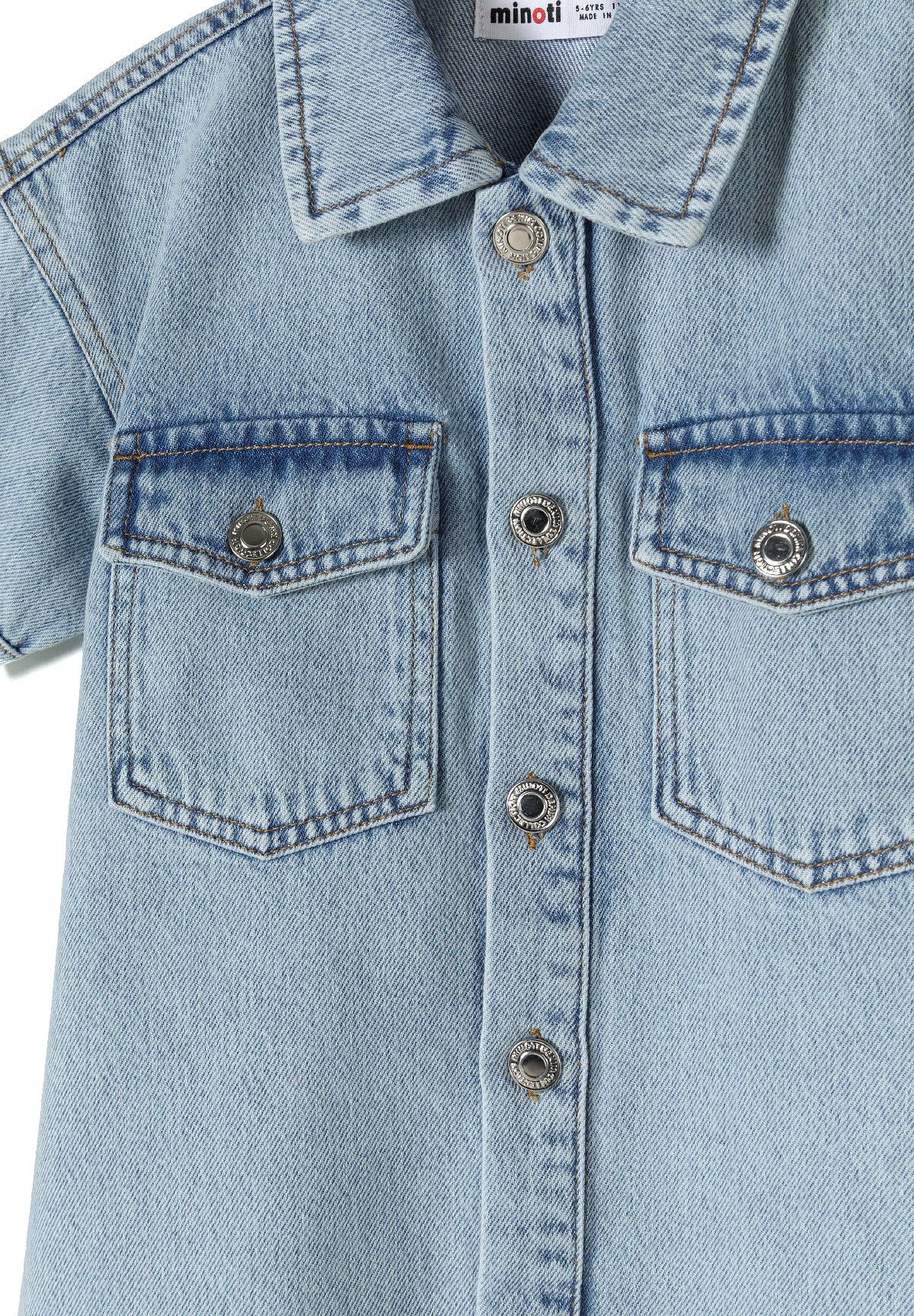 Light blue denim shirt dress, collar and pocket detail.