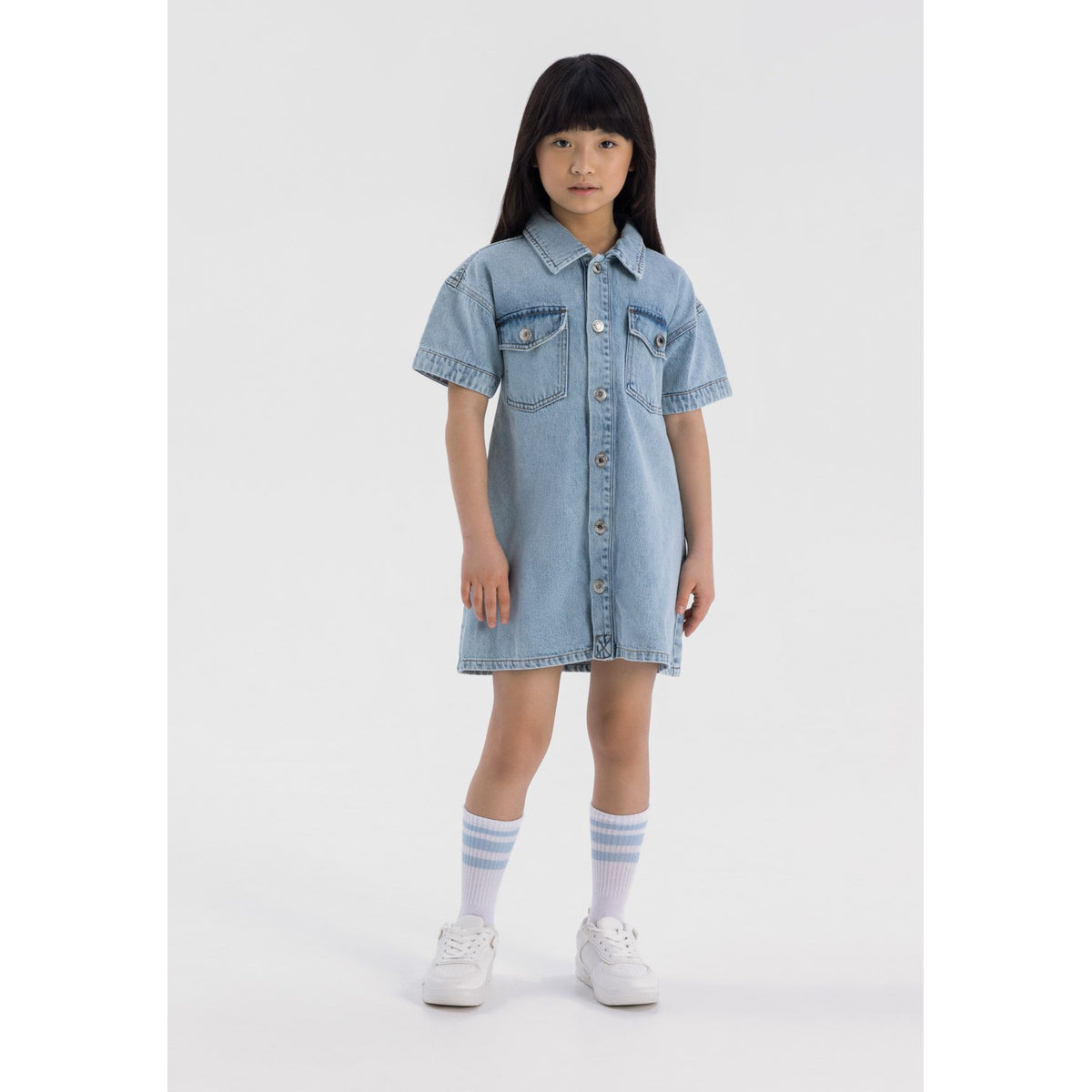 Girls' denim shirt dress in light blue — complete product view for square Shop card