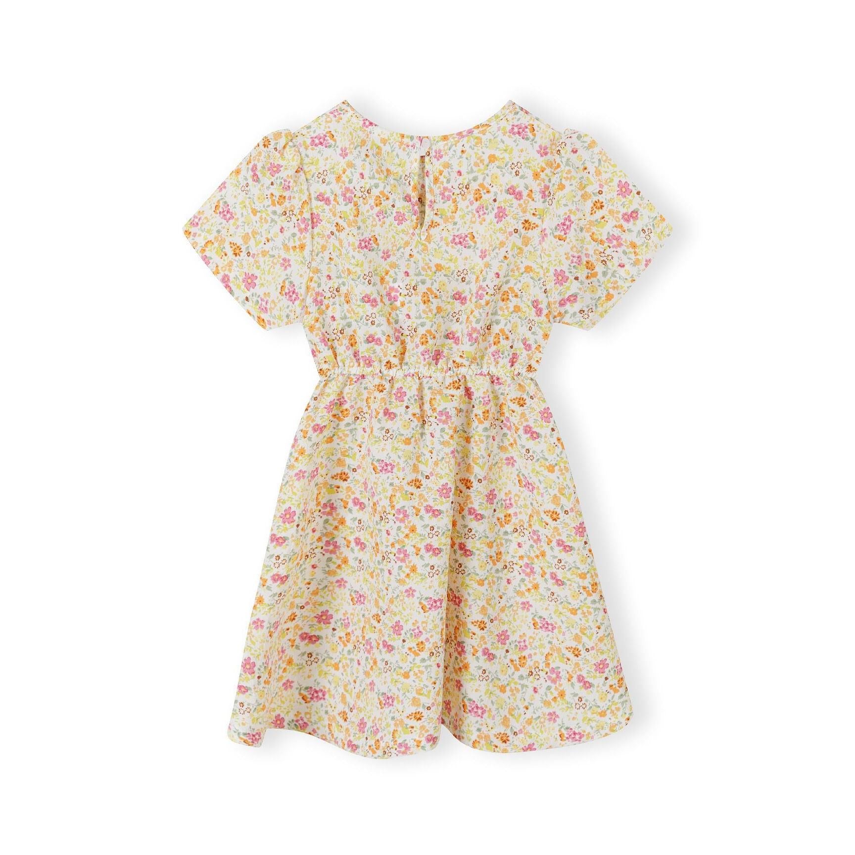 Back view of yellow floral crinkle dress laid flat showing button closure detail and full skirt silhouette with ruffle sleeves