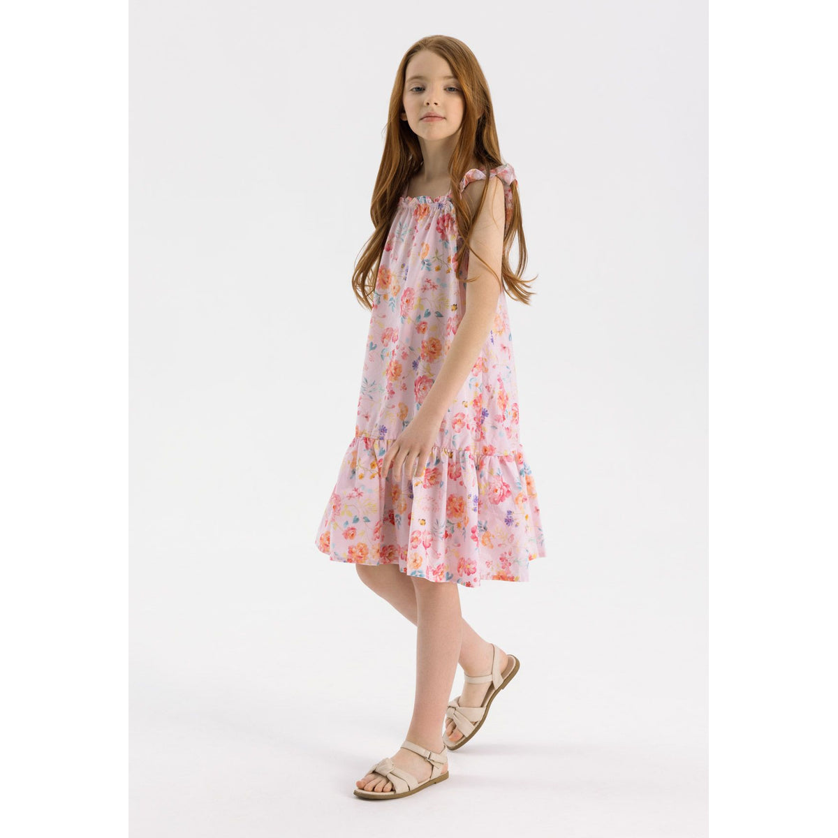 Girls' floral sundress in light pink — complete product view for square Shop card