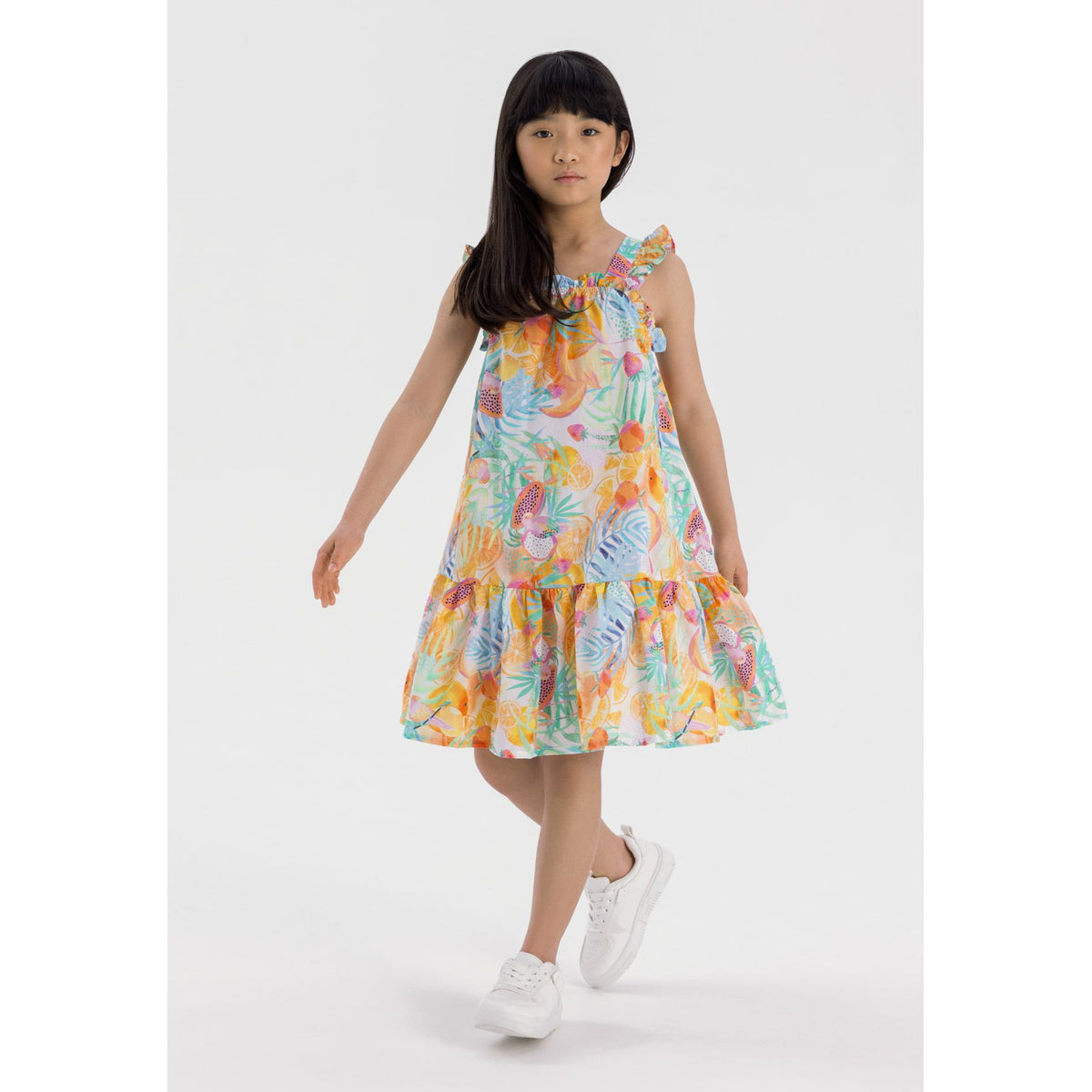 Girls' tropical print sundress in white, orange and green — complete product view for square Shop card