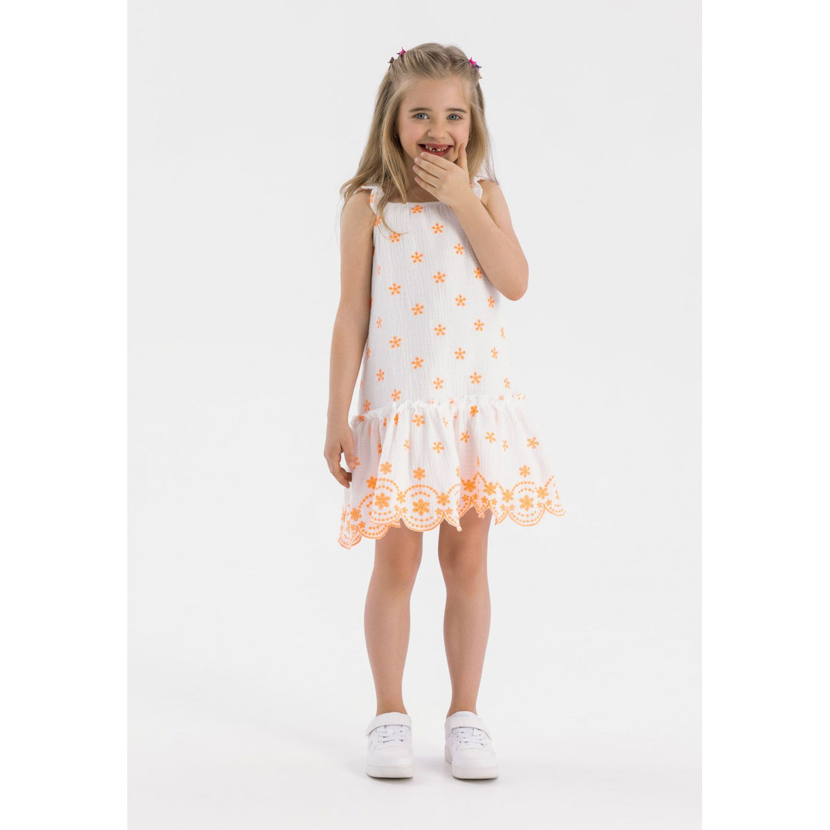 Girls' embroidered sundress in white and orange — complete product view for square Shop card