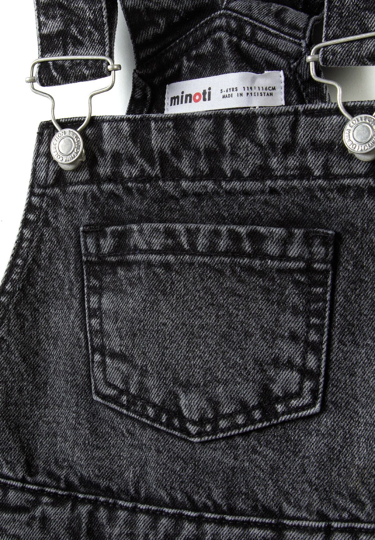 Washed black denim short dungarees, buckle and bib pocket detail.