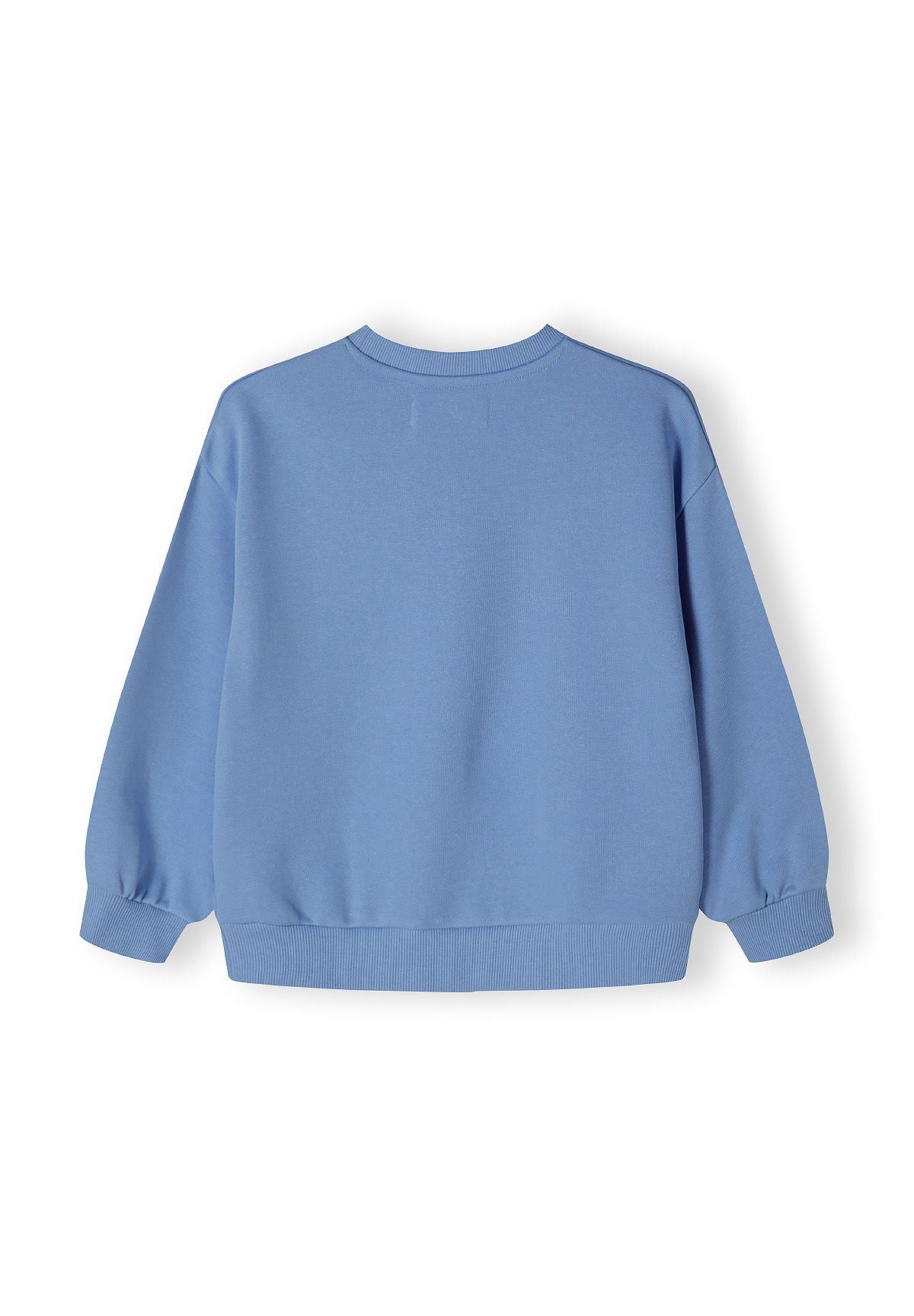 Blue crew neck sweatshirt, back.
