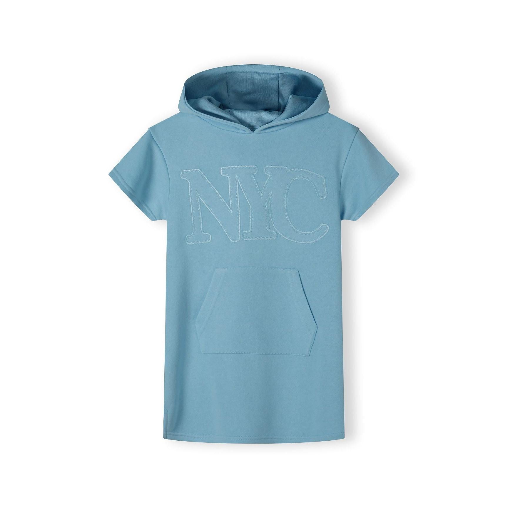 Back view of light blue hooded dress showing hood construction and short sleeves on white background