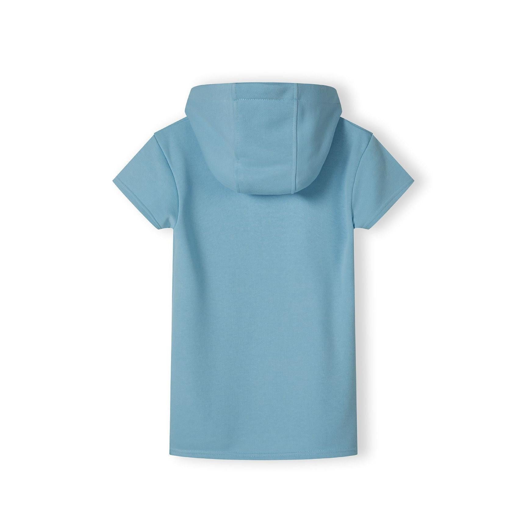 Back view of light blue hooded dress showing hood construction and short sleeves on white background