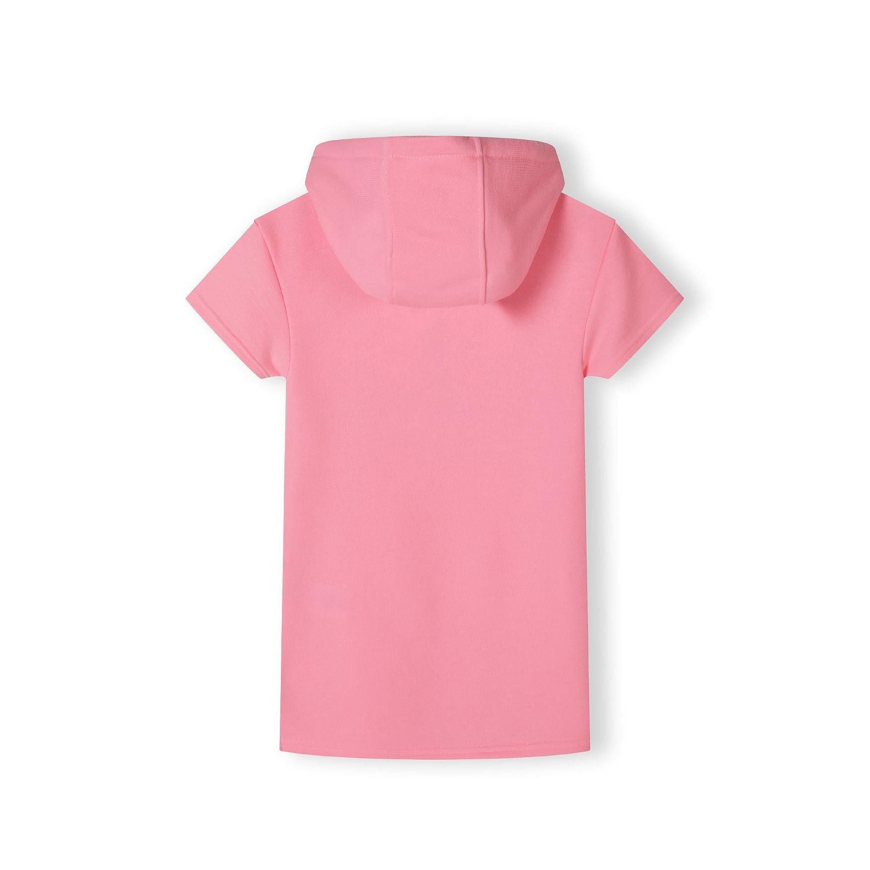 Back view of pink cotton fleece hooded dress showing hood detail and relaxed fit on white background