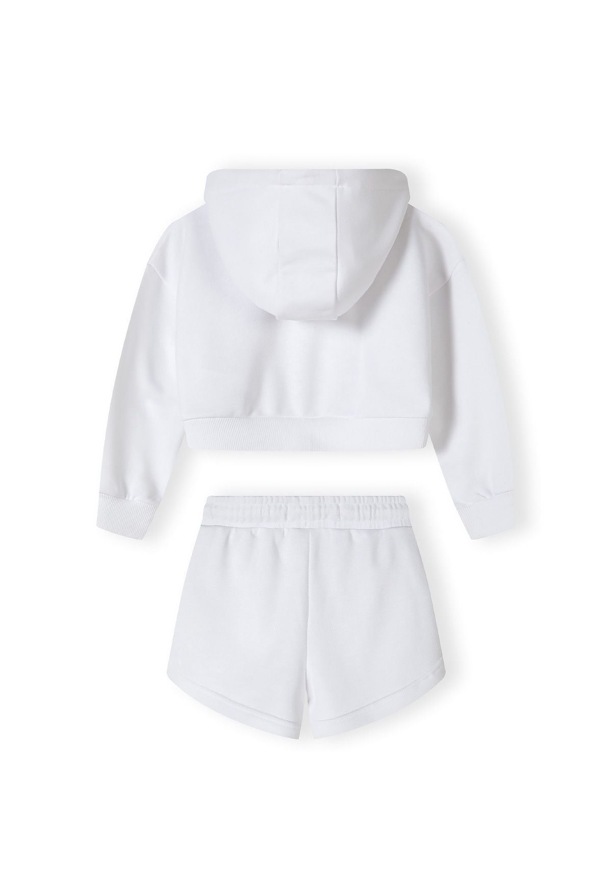 White and pink zip hoodie and shorts set, set back.