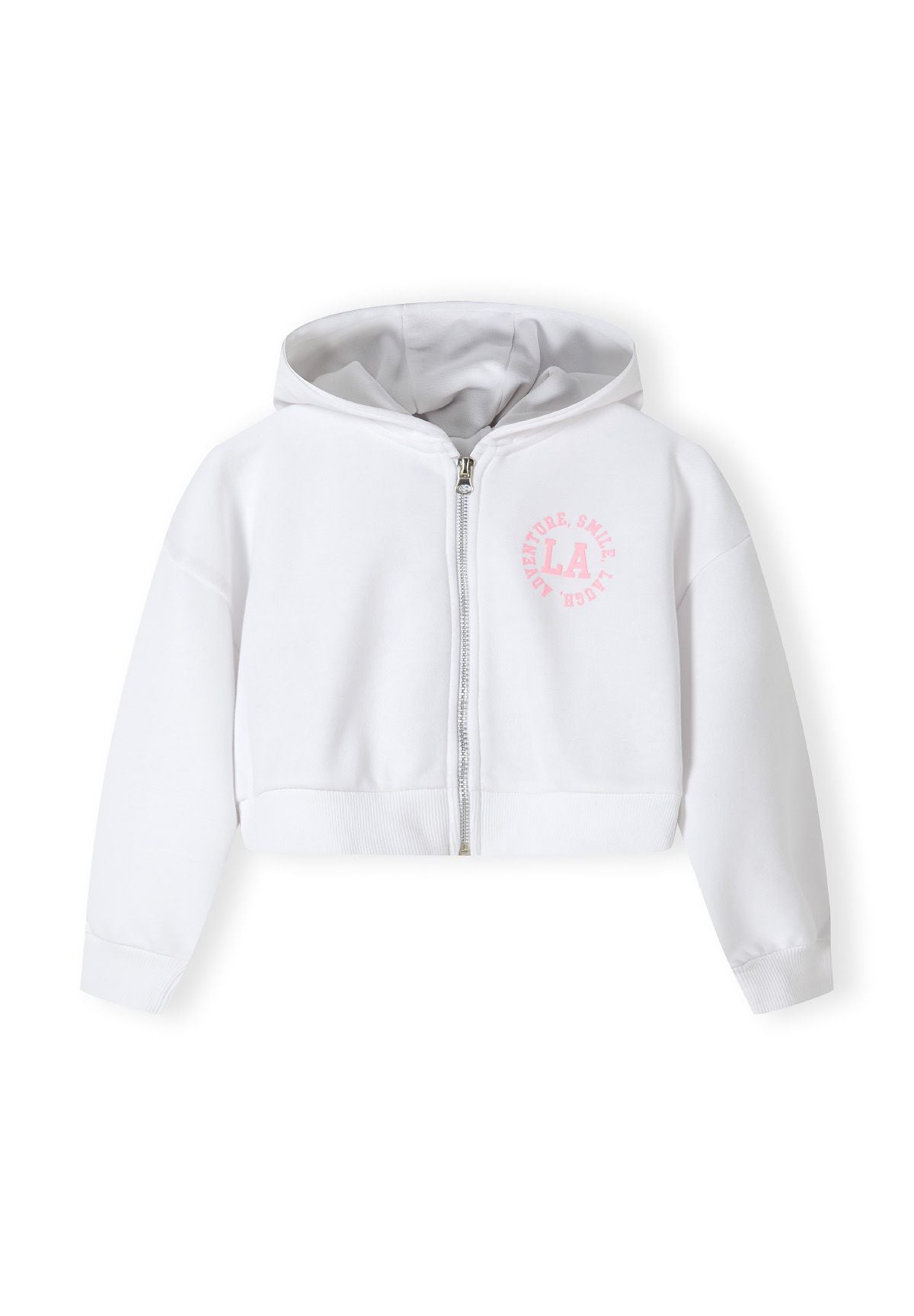 White and pink zip hoodie and shorts set, hoodie front.