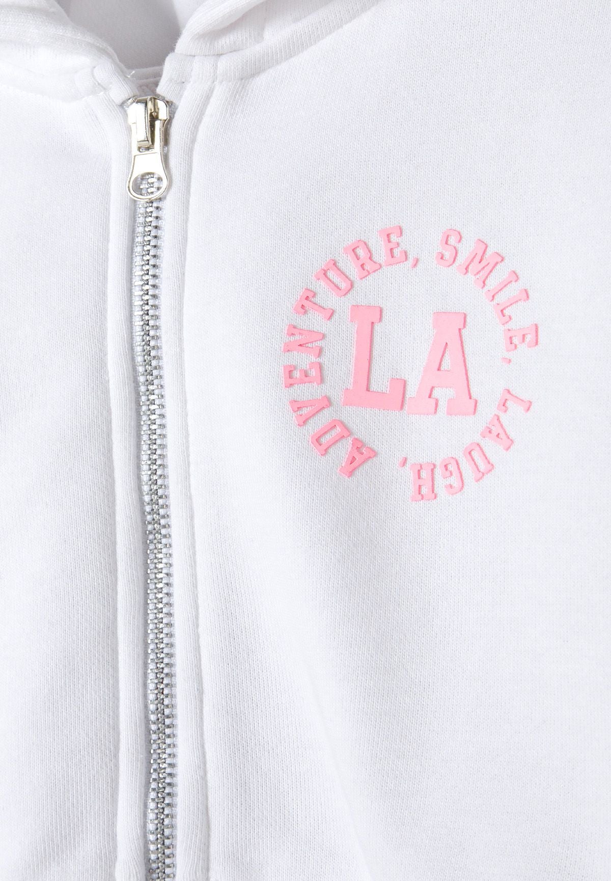 White and pink zip hoodie and shorts set, zip and chest detail.