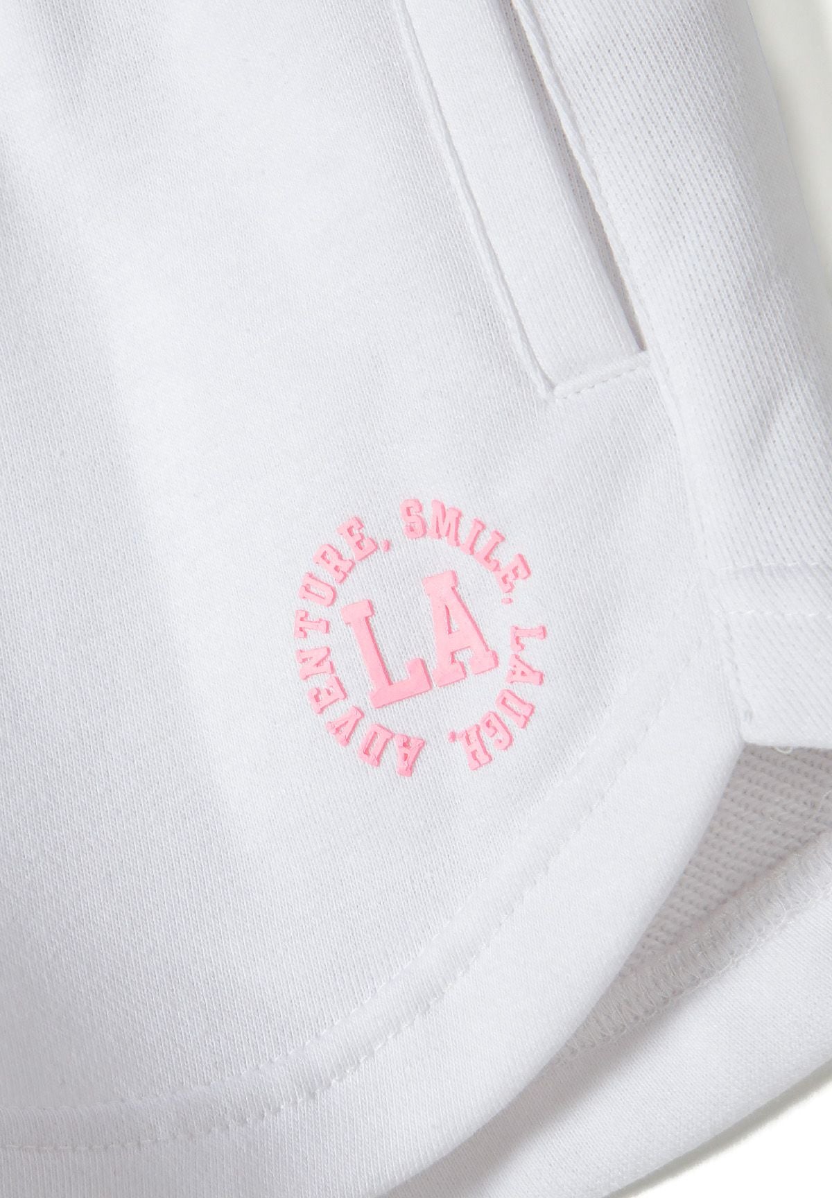 White and pink zip hoodie and shorts set, shorts pocket detail.