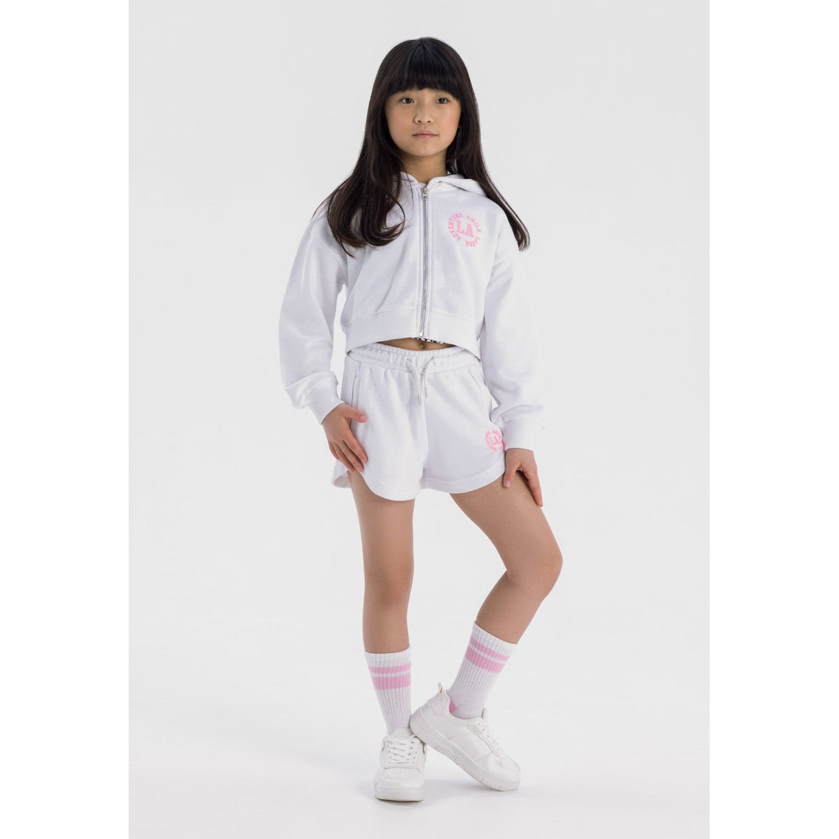 Girls' zip hoodie and shorts set in white and pink — complete product view for square Shop card
