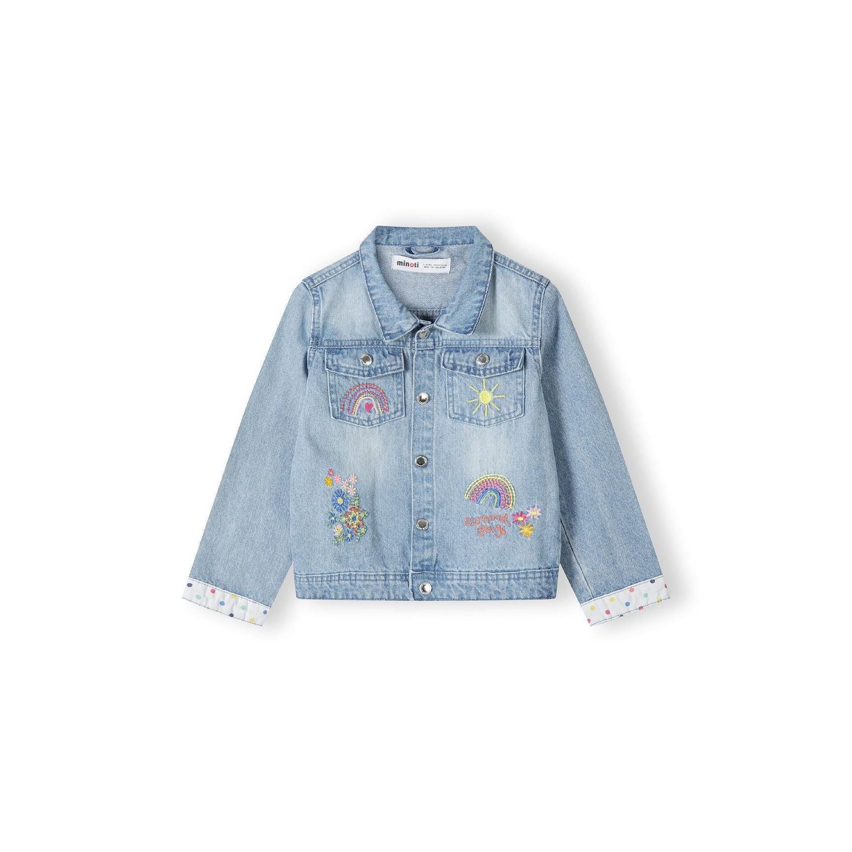 Back view of light blue denim jacket laid flat showing embroidered rainbow and floral details on shoulders and back panel