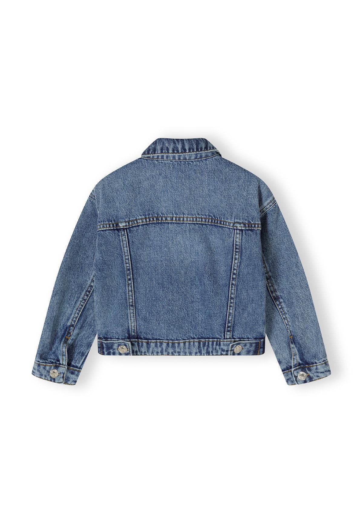 Back of a blue denim jacket.