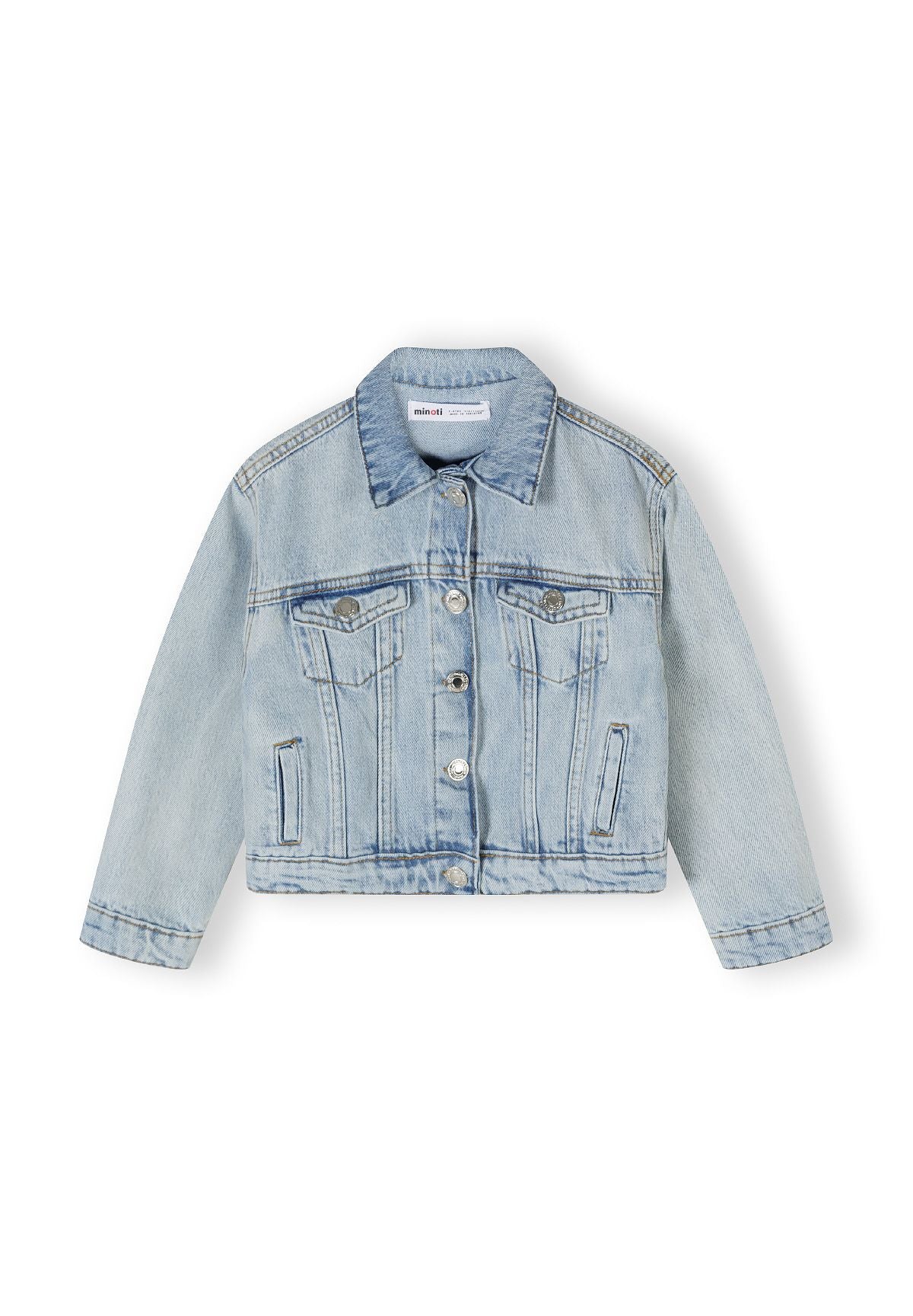 Front of a light blue denim jacket.