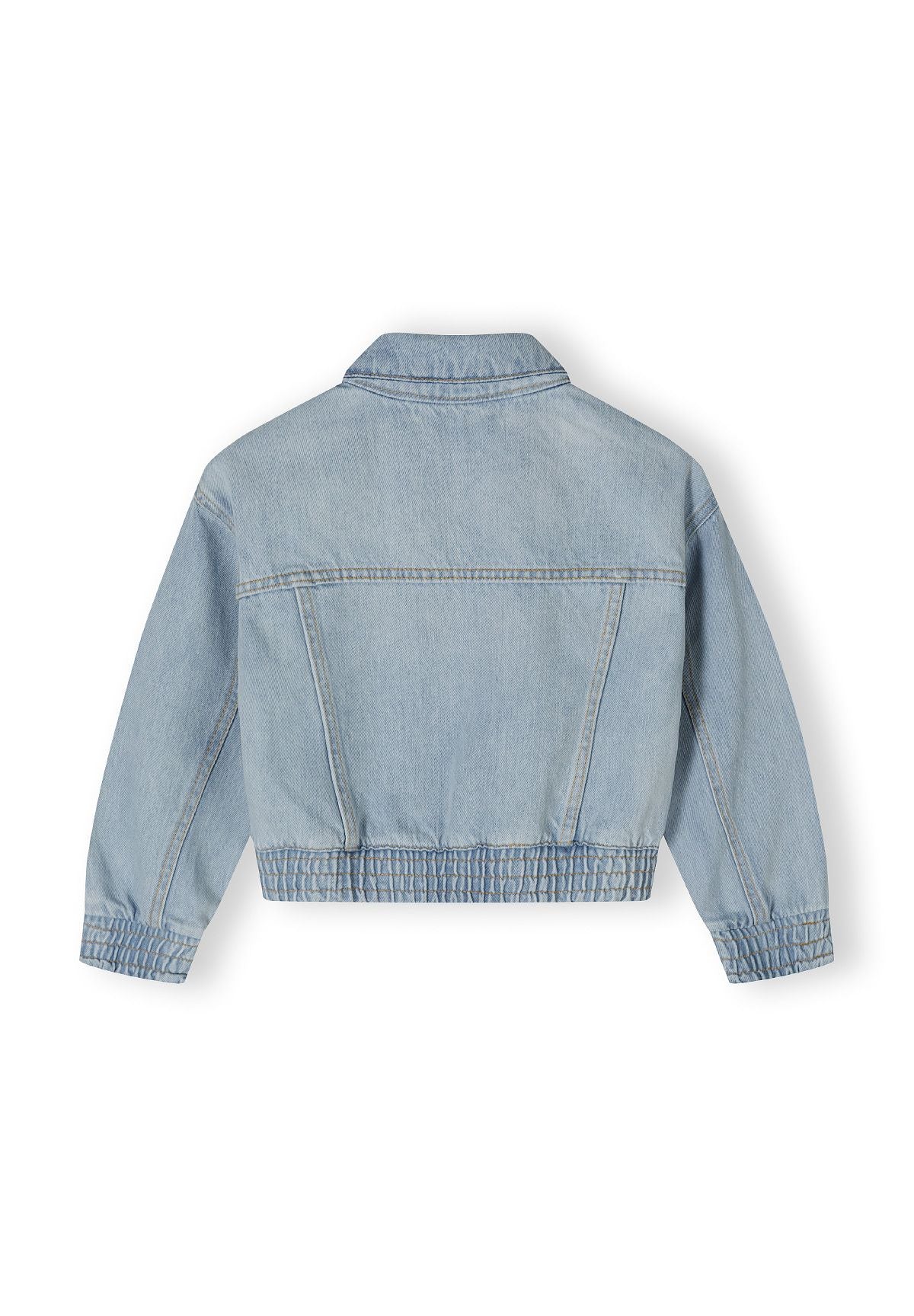 Back of a light blue denim jacket.